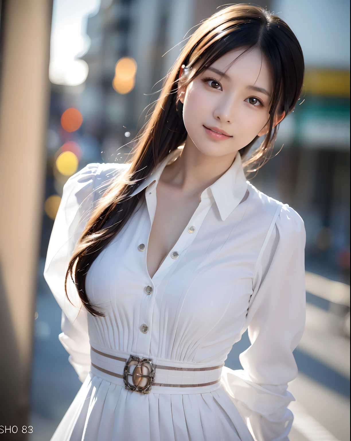 (masutepiece:1.3), (8K, Photorealistic, Raw photo, Best Quality: 1.4), Japanese, (1girl in), Beautiful face, (Realistic face), (Black hair), Beautiful hairstyle, Realistic eyes, Beautiful detailed eyes, (Realistic skin), Beautiful skin, Attractive, 超A high resolution, A hyper-realistic, Highly detailed, Golden ratio、
Show from the hips to the shoulders,
beautiful detailed skin, (cute:1.2),
(black hair),
((jpop idol)),
(upper thigh:0.6), (depth of field),soft light, Lens Glow,
looking at viewer,
(Drooping eyes:1.2),
straight teeth,smile,
floating hair, (blond hair:1.2),
brown eyes,
movie scene, cinematic, full colors, 4k, 8k, 16k, RAW photo, masterpiece, professionally color graded, professional photography,
cleavage,high school girl, hair up, consider,(sweat,sigh)1.2,(blush,open mouth)1.3,soft clean focus, realistic lighting and shading, (an extremely delicate and beautiful art)1.3, elegant,active angle,dynamism pose,
photorealistic, (one pretty girl:1.1), highres, ultra clear, sharp focus, ,cosplay, slim,
light white cloth,white hair, high ponytail,
(off-white damask pattern long sleeve shirt dress:1.3),
(thom browne design dress:1.4),
(super detailed background, detail background: 1.3), bokeh, depth of field,
China city street,
no one in the background,