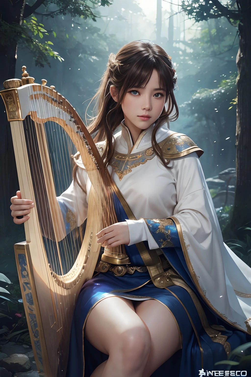hightquality、8K Ultra HD、fullllbody、A 16-year-old female harpist is playing the harp、robe blanche、Light brown hair、Blue eyes、(The background is a wonderful healing forest)、cute little、Beautiful fece、portlate、A kitten、Art by Alberto Sebeso、Symmetrical、Abstract art style、Complex and intricate watercolor painting 、digitial painting、explosion of colors、concept-art、Volumetric lighting、TanvirTamim、metal reflective、2d render、8K。 By Artgerm、Trending on ArtStation