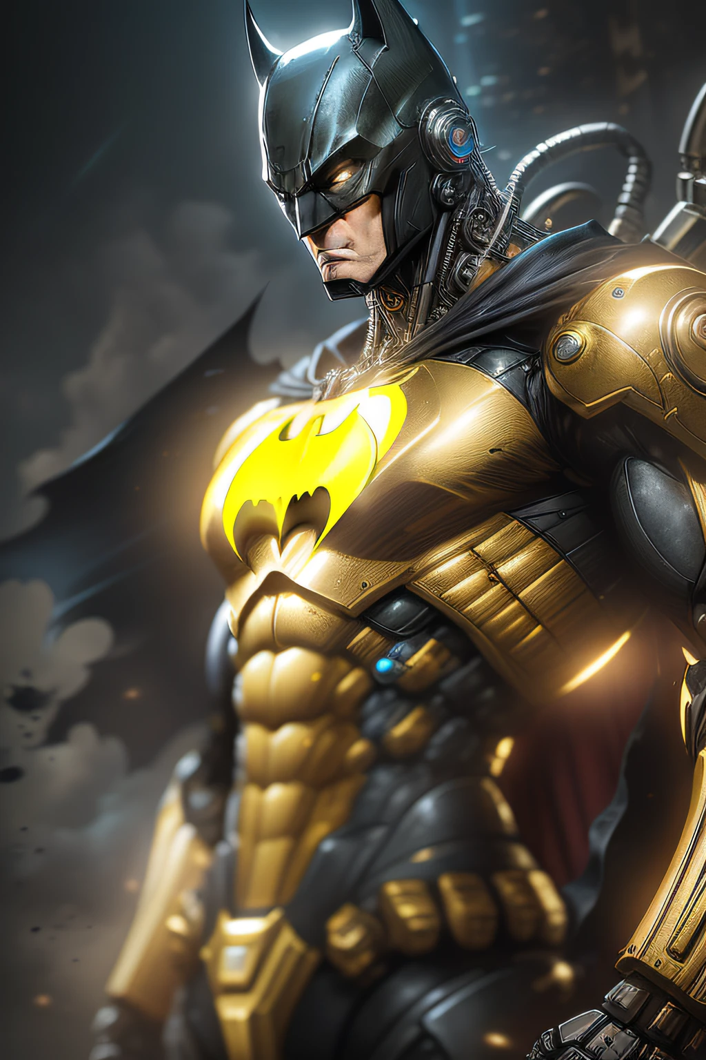 Gold Batman from DC photography, biomechanical, complex robot, full growth, hyper-realistic, insane small details, extremely clean lines, cyberpunk aesthetic, a masterpiece featured on Zbrush Central