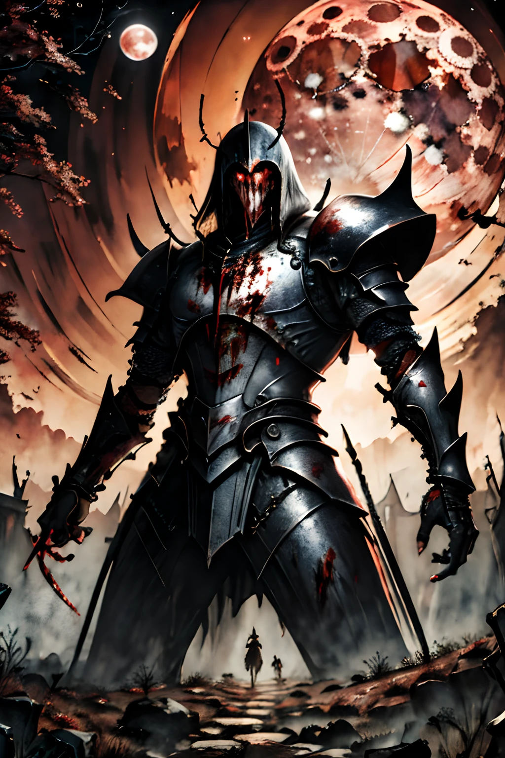 masterpiece, (dark:1.4), 1man, butterfly, blood, horror, junji ito style, tall handsome man, royal knight, silver armor deep shadow, darkness, (under the moonlight, blood moon:1.3), award winning photo, extremely detailed, amazing, fine detail, absurdres, extremely detailed eyes and face, from below view, full armored body focus, intimidating look, looking at viewers,