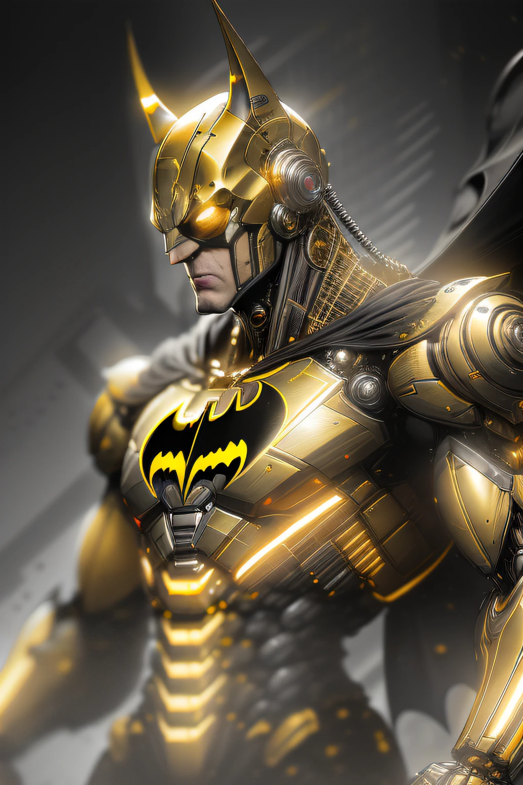 Gold Batman from DC photography, biomechanical, complex robot, full growth, hyper-realistic, insane small details, extremely clean lines, cyberpunk aesthetic, a masterpiece featured on Zbrush Central