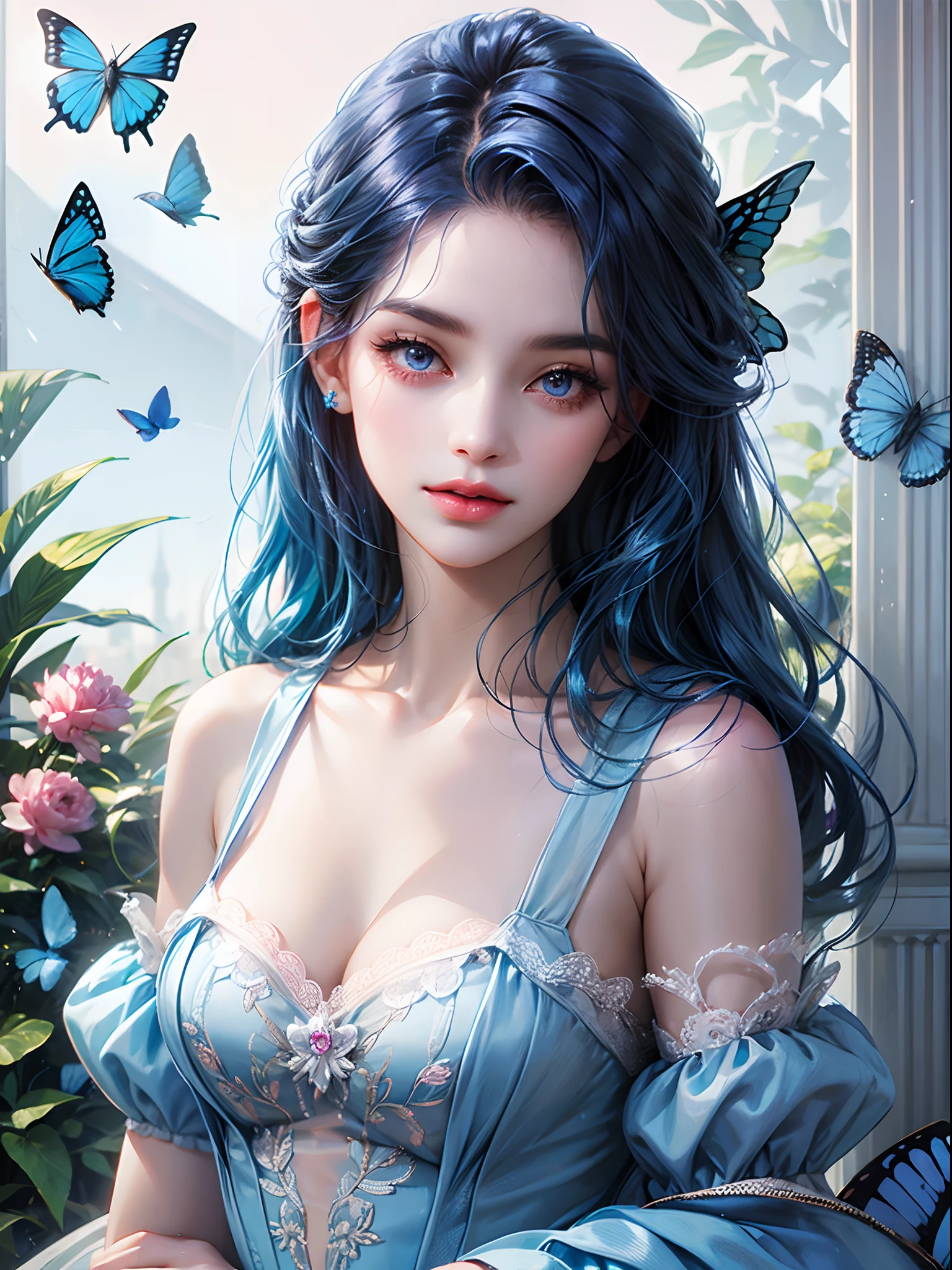 a women, blue butterfly, blue hair, pink eyes, blue dress