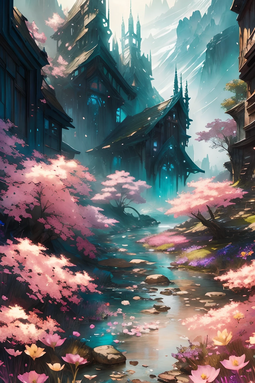 Digital watercolour fantasy landscape Illustration by Waterhouse, Carne Griffiths, Minjae Lee, Ana Paula Hoppe, Stylised watercolour art, Intricate, Complex contrast, HDR, Sharp, soft Cinematic Volumetric lighting, flowery pastel disintegrating colours, wide long shot, perfect masterpiece, detailed matte painting, deep color, fantastical, intricate detail, splash screen, complementary colors, fantasy concept art, 8k resolution trending on Artstation Unreal Engine 5