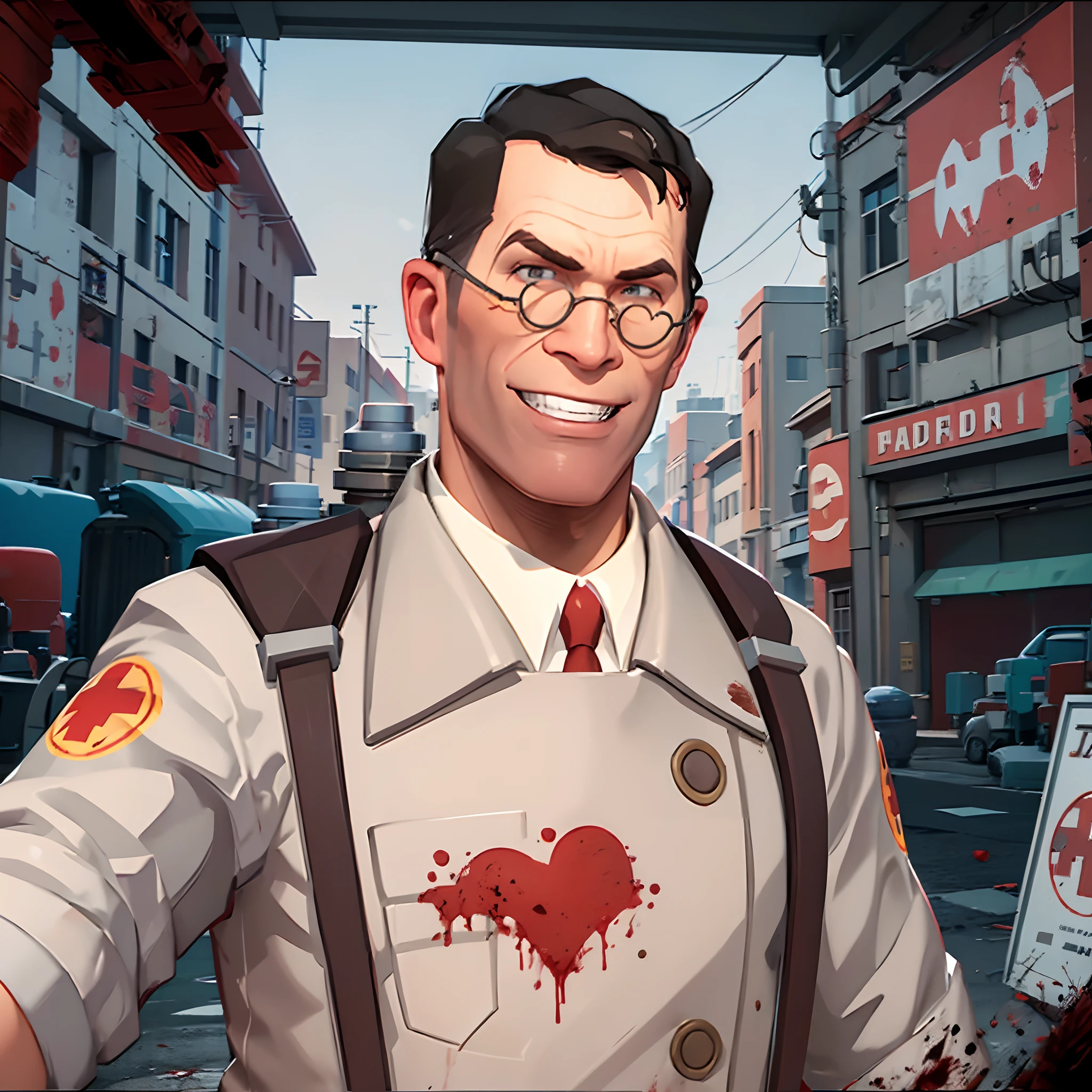 Team Fortress 2, Medic, glasses, sadistic smile, (blood: 1.5), (portrait), flowing clothes, windy, pushing up glasses, solo, 1male, bloody clothes, bloody face, flat colors