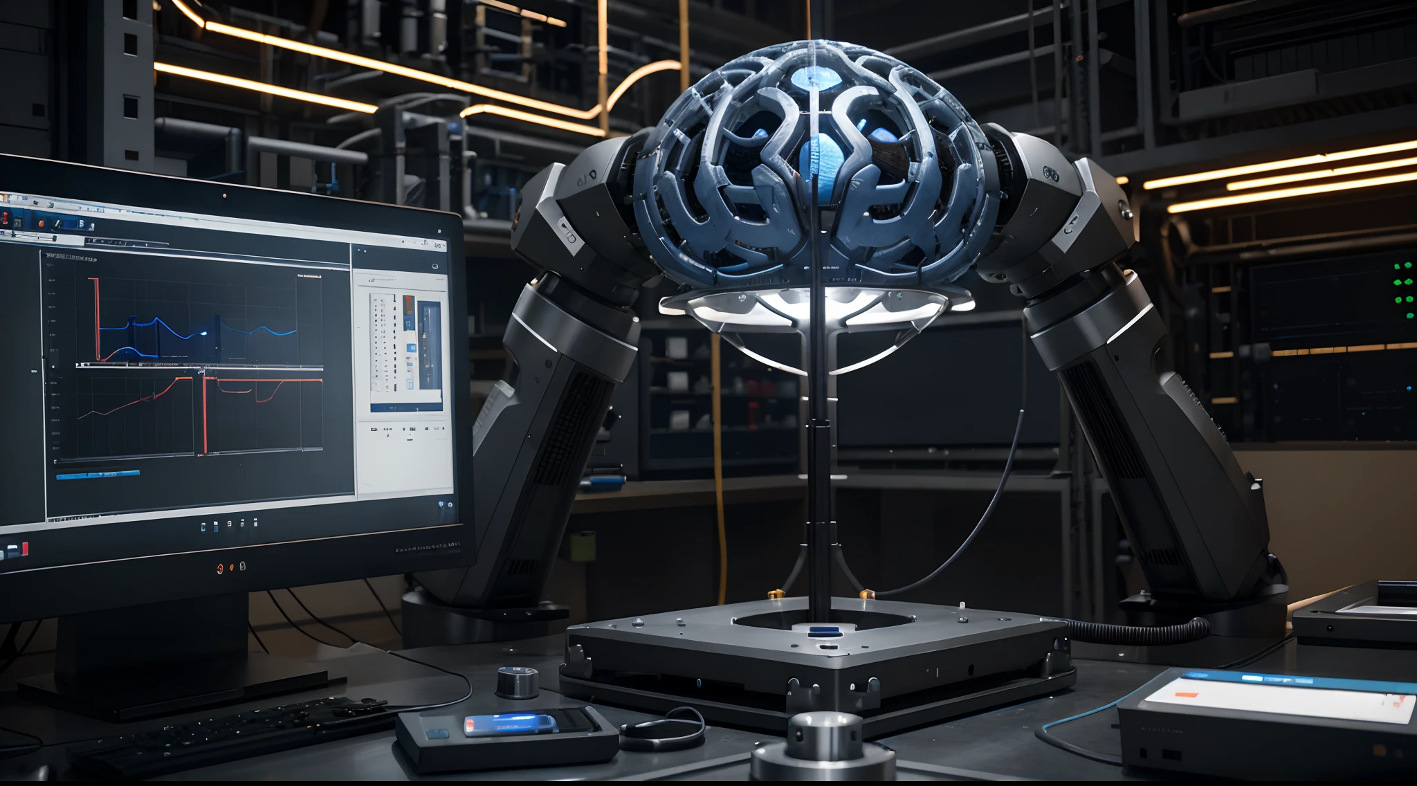 in R&Lab D of a technology company,A group of engineers and scientists are researching and designing new features for the industrial brain,Filled with innovation and passion,Go all-in on R&D,Complex algorithms and graphs are displayed on the device and display,Close-up perspective, 8K,high definition resolution