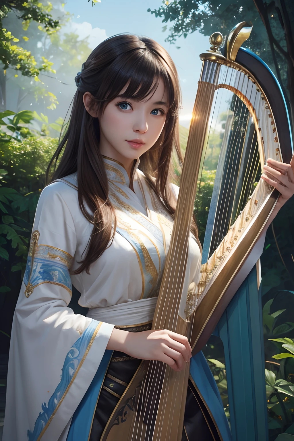 hightquality、8K Ultra HD、fullllbody、A 16-year-old female harpist is playing the harp、robe blanche、Light brown hair、Blue eyes、(The background is a wonderful healing forest)、cute little、Beautiful fece、portlate、A kitten、Art by Alberto Sebeso、Symmetrical、Abstract art style、Complex and intricate watercolor painting 、digitial painting、explosion of colors、concept-art、Volumetric lighting、TanvirTamim、metal reflective、2d render、8K。 By Artgerm、Trending on ArtStation