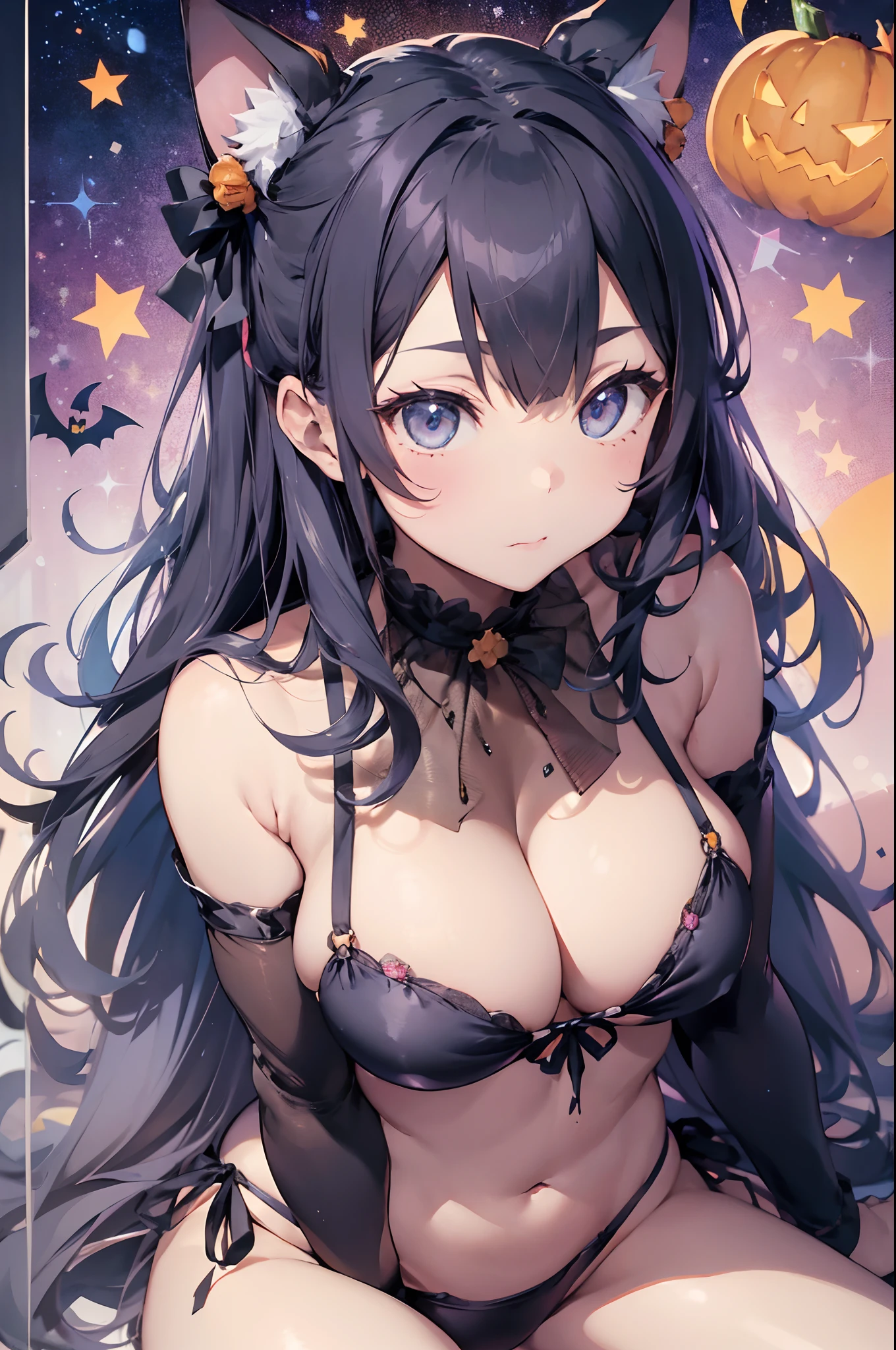 Halloween Costume、Cat-eared girl、独奏、huge tit、a closed mouth、long_hair、Light smile、Mare、silber hair、、stitched_face、patchwork_skin、cowboy shot、(Black Bikini)、(wariza)、(V arm:1.3)、(hand between legs:1.4)、