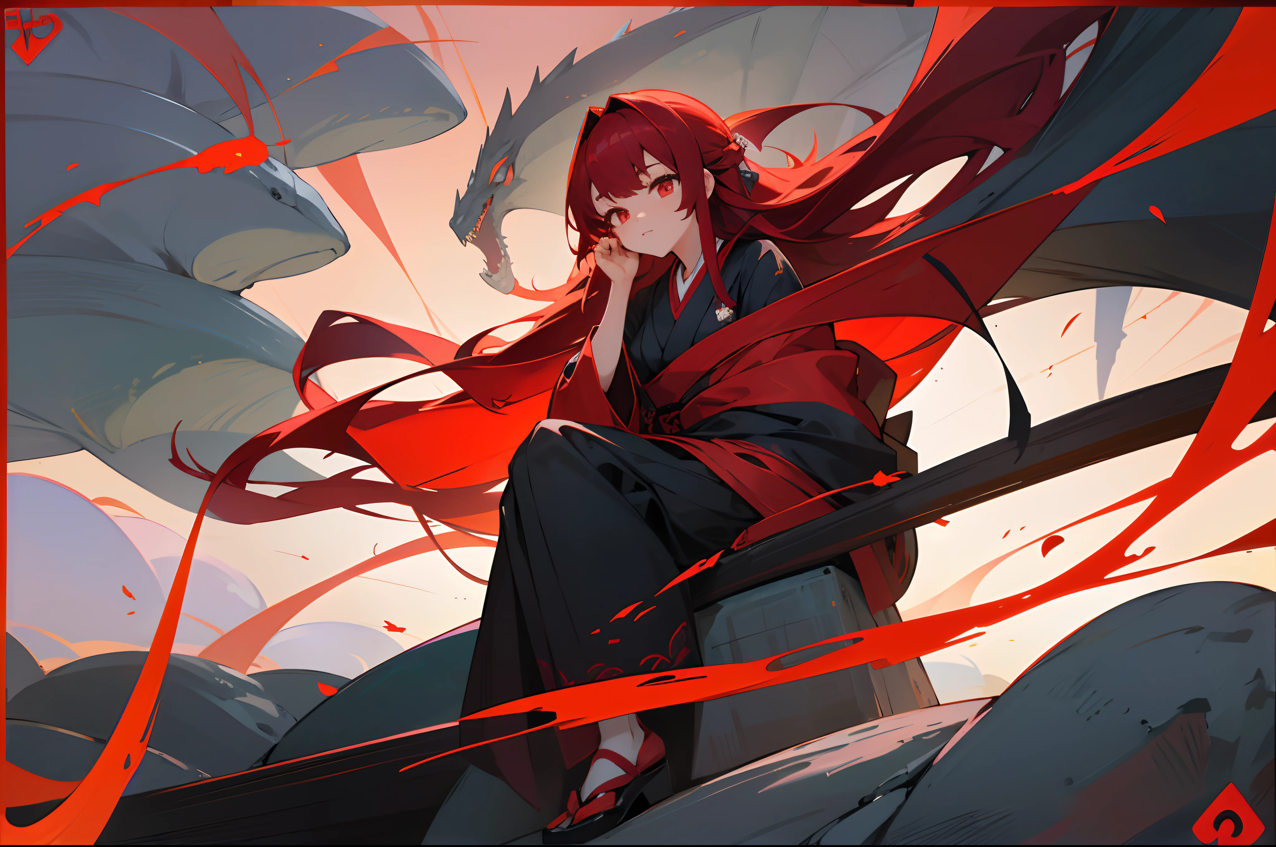 black color hair,long whitr hair,Japan kimono,teens girl,sitting on the stone,Dragonflies in the air,red color eyes,Red hair card,Bow knot