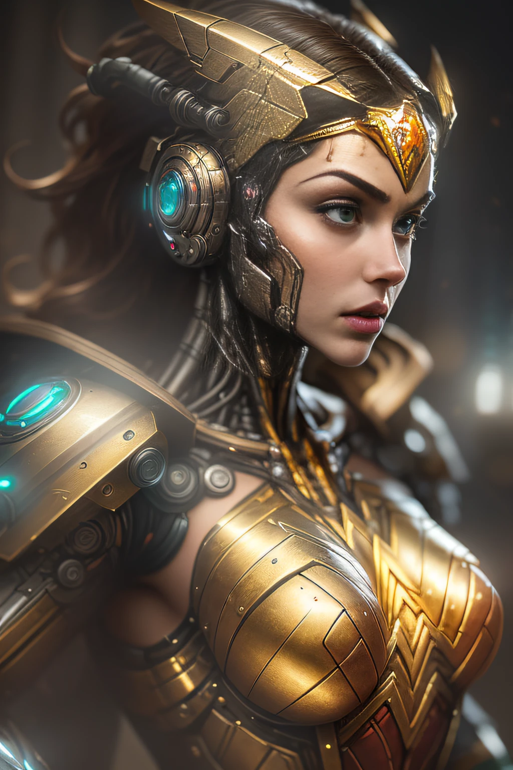 Gold Wonder woman from DC photography, biomechanical, complex robot, full growth, hyper-realistic, insane small details, extremely clean lines, cyberpunk aesthetic, a masterpiece featured on Zbrush Central