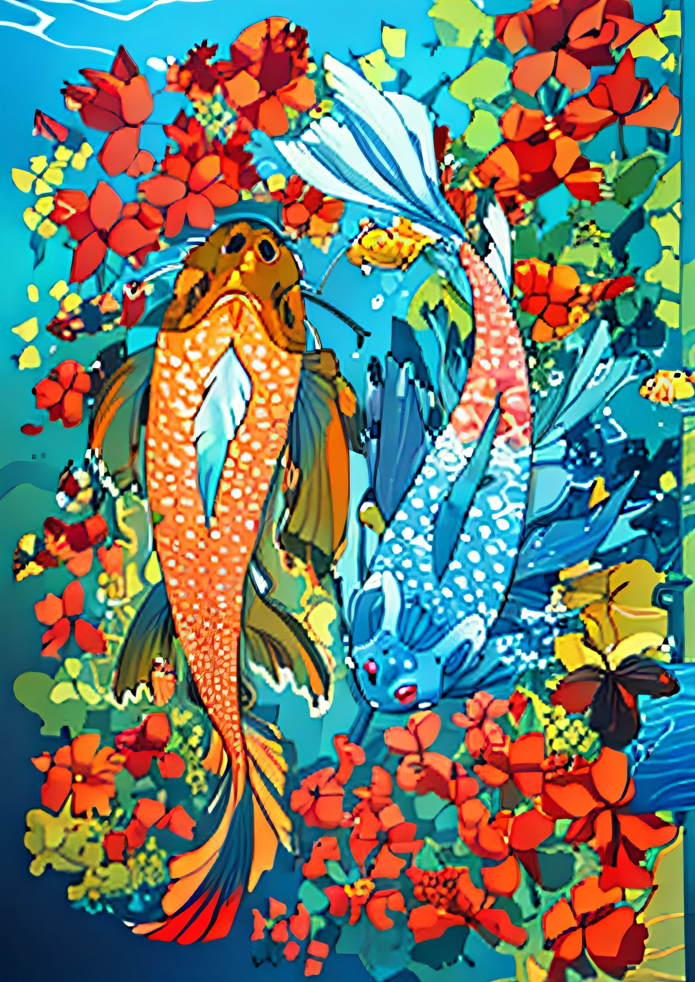 Fish swimming in a sea of blue flowers