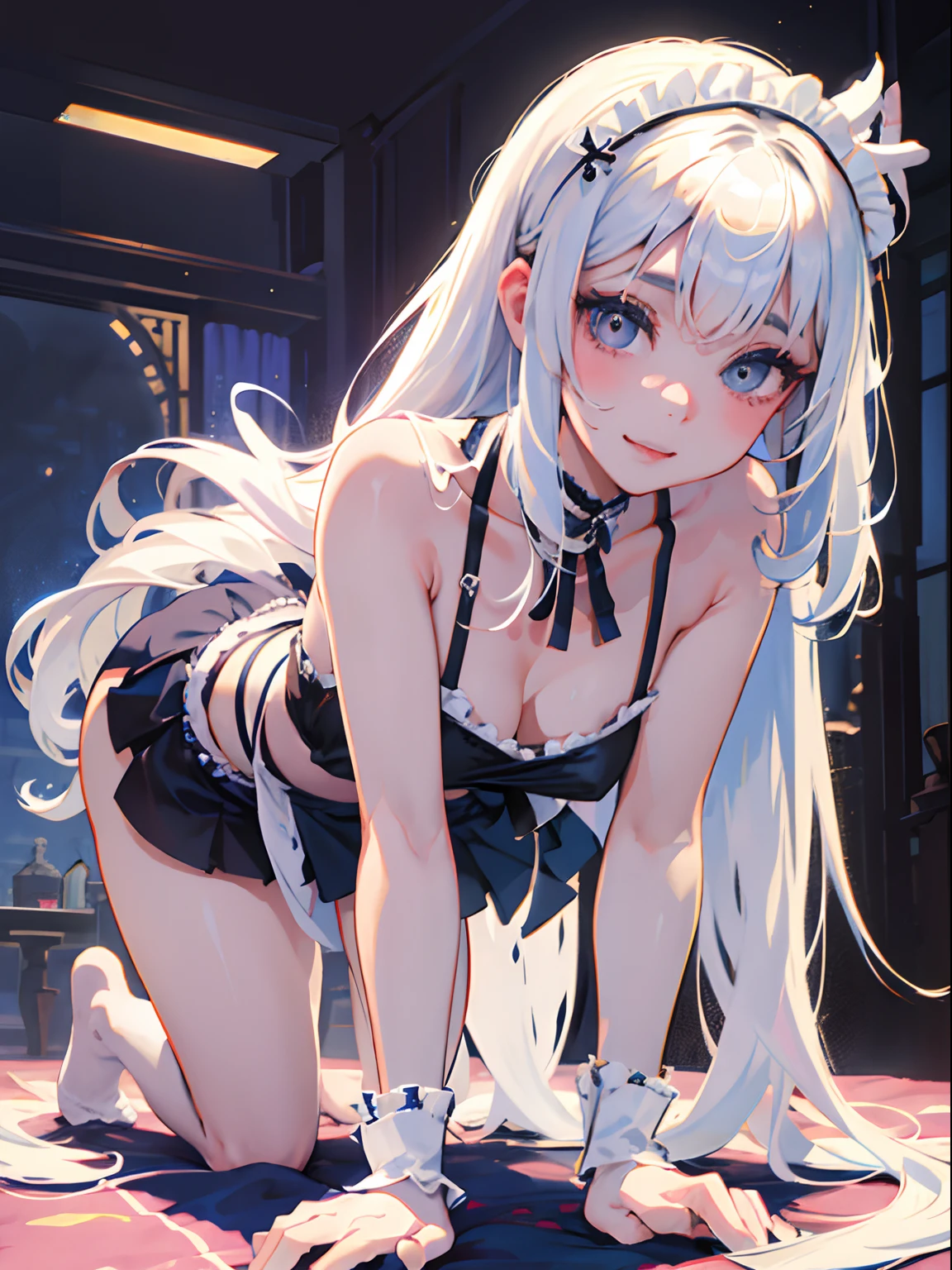 top-quality、Realistic、bule、Maid's Daughter、Super huge、big eye、long lashes、Long upper eyelashes、voluminous eyelashes、Platinum Blonde Hair、Voluminous long hair、cute little、Extraordinary beauty、shining white skin、thighs thighs thighs thighs、submissive look、Smile of obedience、Flushed cheeks、Delicate body
、thin-waist、Big ass、Not wearing pants、Very short skirt、high-detail、Sleeveless、Get on all fours and stick your butt out、full body Esbian、Thin fabric clothes、NAKED Apron