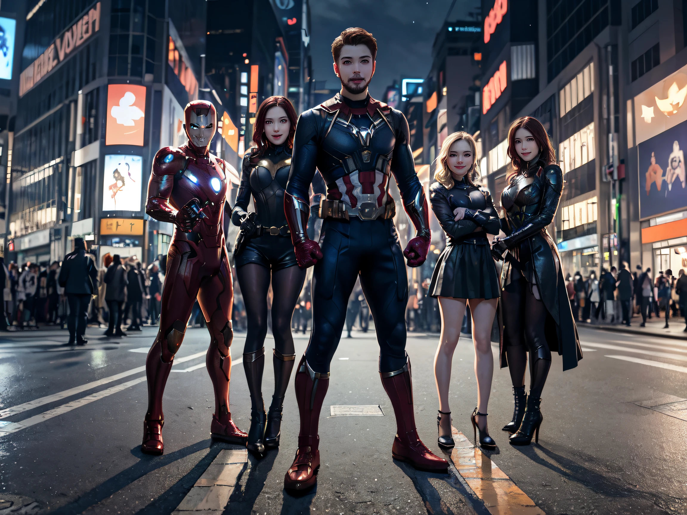 masterpiece, top-quality, top-quality, Beautifully Aesthetic:1.2, Halloween night, 
Ironman, Spider-Man, Captain America, Hulk, Wanda, Ant-Man, Black Panther, Thor, Black Widow, Doctor Strange, Star-Lord, Rocket (Raccoon), Groot, Vision, Hawkeye,
BREAK 
((The Avengers are in full force:1.2)), 
((Standing with Fighting pose At the middle of very crowded Shibuya Scramble Crossing decorated with Halloween decorations at late night:1.2)), (Full body shot:1.1),