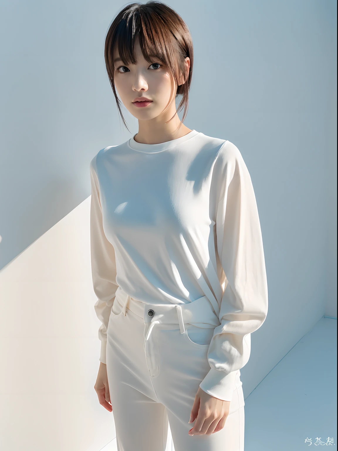 ((masterpiece,top-quality)), (photographrealistic:1.4),((masutepiece,8K)),hight resolution, Japanese, 1 beautiful woman, Medium Hair, faint thin bangs, Age 32 years old, Detailed skin, long-sleeve, T-shirt, wide-leg pants, Standing, White background, White Room,white walls, fully body photo
