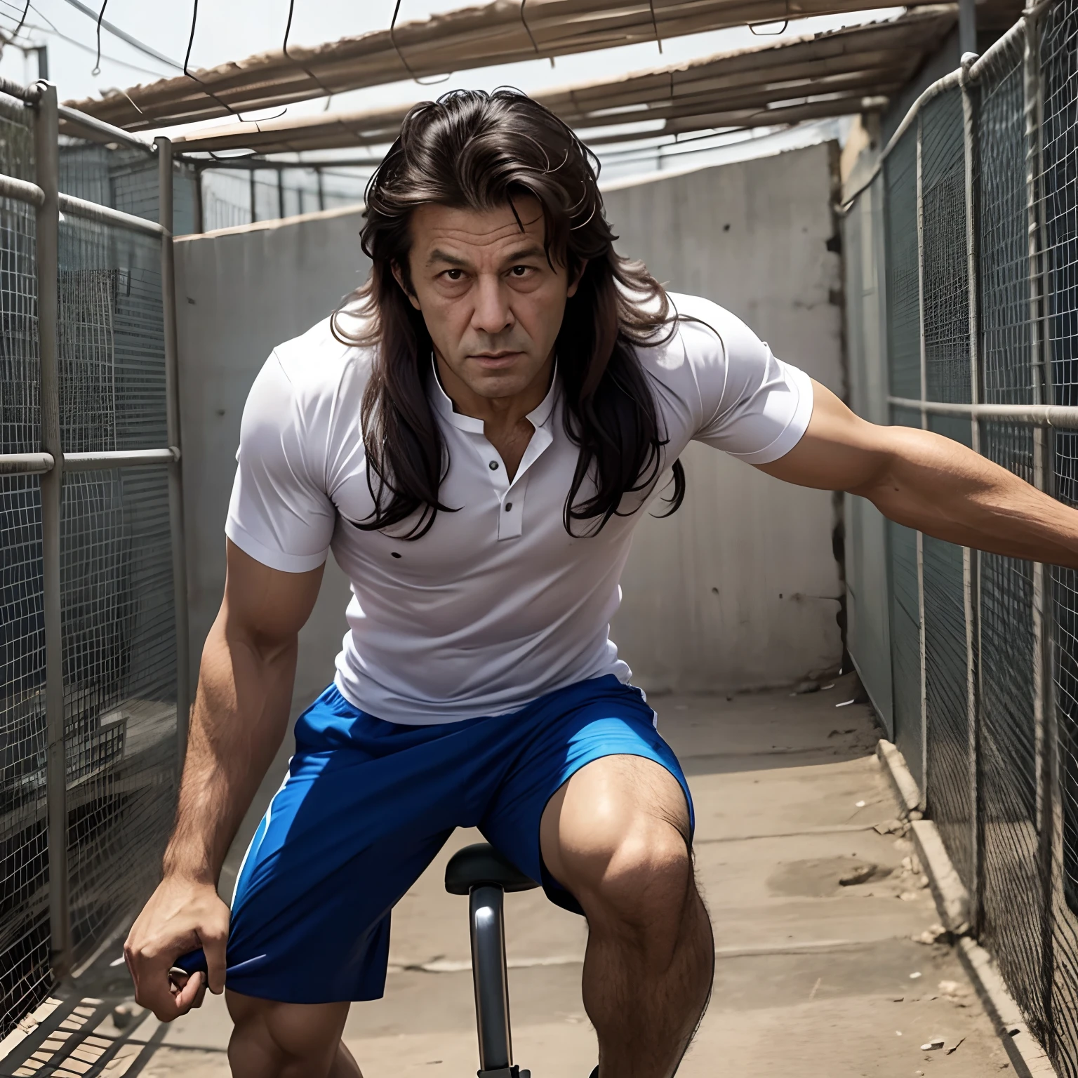ImranKhan exercising in jail,long hair, single man,