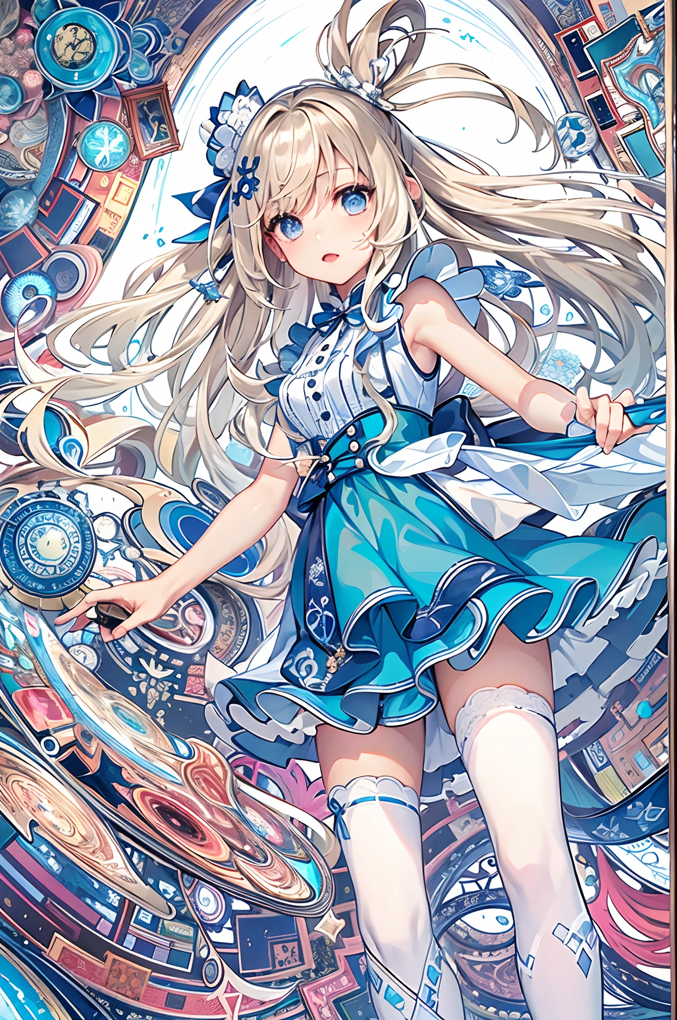 (masuter piece、top-quality、Mystical、Beautifully Aesthetic、offcial art、Impresionismo、von gogh:1.2)、(1 girl in:1.3)、(Fractal Art:1.4)、shinny skin、patterns、(alice in the wonderland:1.2)、(bunny rabbit、Siamese cat、PlayingCards、tea cup、pocket watch:0.8)、(Tie your hair with a ribbon、Blue Dress、a miniskirt、beauty legs、White Apron、white sock、platinum-blonde、Blue eyes)、Exotic wallpapers、highly colorful、Abstract background、Fantastical