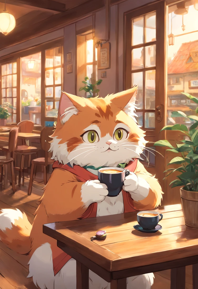Fluffy fur.1 cat,Drinking coffee at a cat café