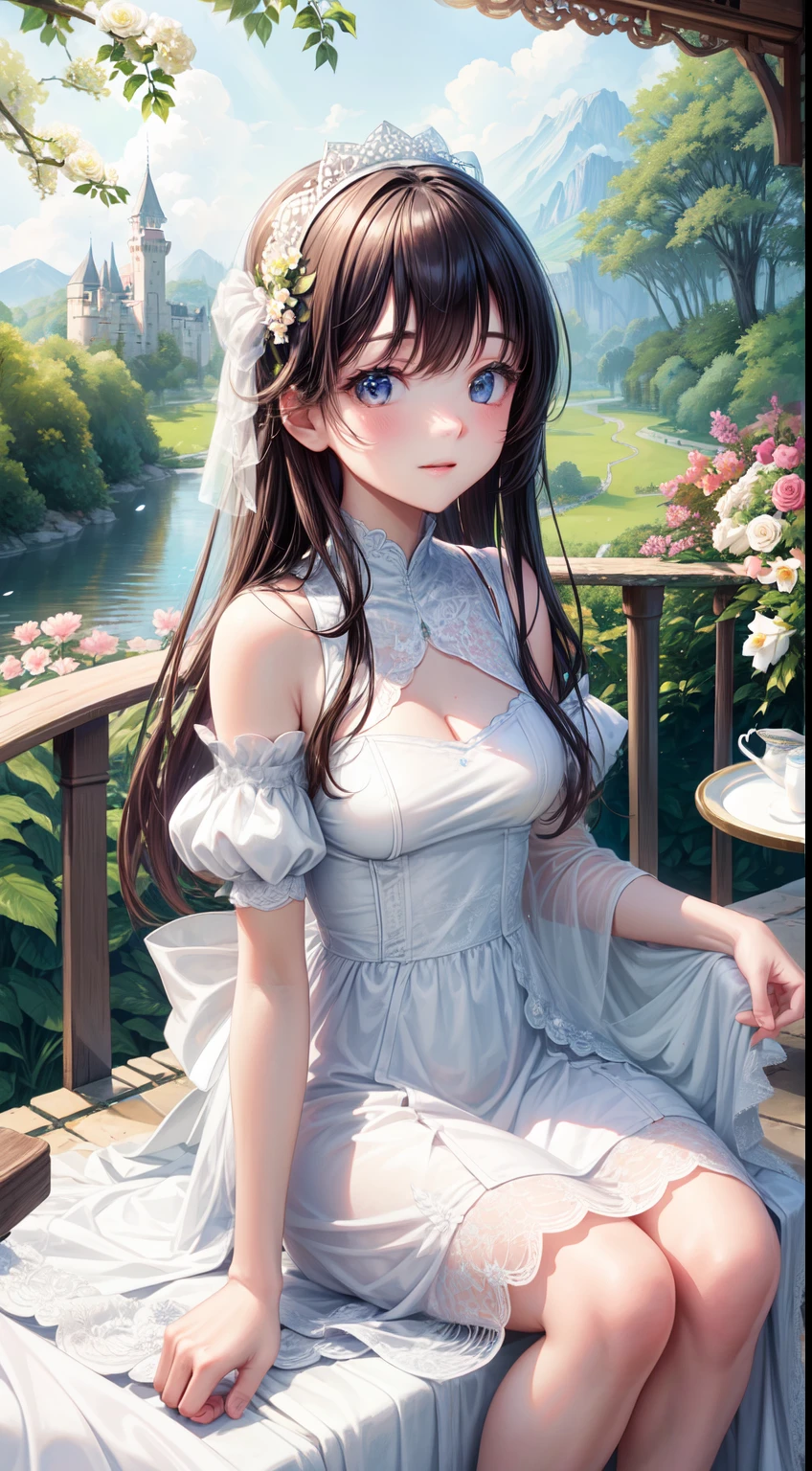 hight resolution, top-quality, ultra-quality, The ultra-detailliert, lighting like a movie、Girl in white dress enjoying afternoon tea in the garden of a castle full of flowers、small tits、Slender Line、