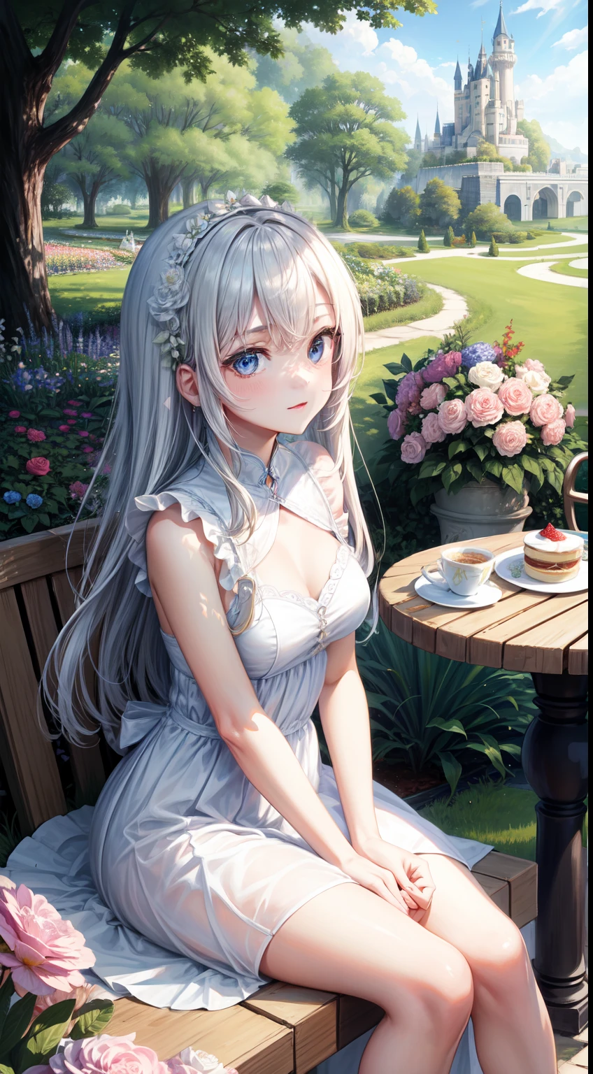 hight resolution, top-quality,  ultra-quality, The ultra-detailliert, lighting like a movie、Girl in white dress enjoying afternoon tea in the garden of a castle full of flowers、small tits、Slender Line、