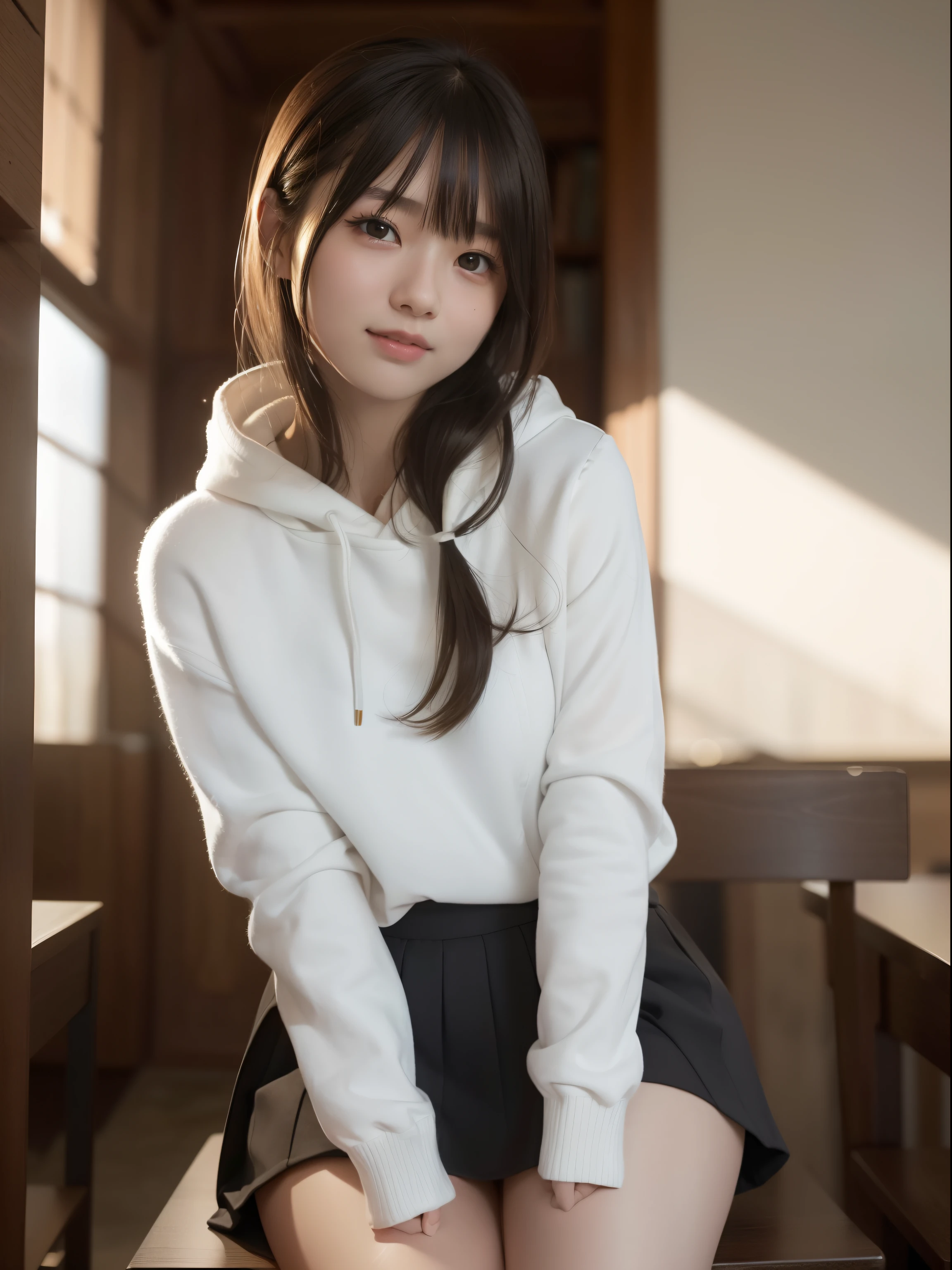top-quality、​masterpiece、1 girl in、Blonde hairer、Black eye、a miniskirt、‎Classroom、The upper part of the body、a closeup、A smile、、(8K、Raw photography、top-quality、​masterpiece:1.2)、(realisitic、photoRealstic:1.37)、Highly detailed eyelash drawing、(((Top image quality))),small tit、Fine skin, (Beautiful hair), top-quality、hight resolution、Happy smile、Happy smile、Standing、a miniskirt、Autumn outfit、nightcity、Autumn outfit、Best Quality,masutepiece,hight resolution,Beautiful eyes,Detailed background,[Backlighting],(Face lighting),[Close View:0.8],(8K、Raw photography、top-quality、​masterpiece:1.2)、(realisitic、Photorealsitic:1.37)、ultra-detailliert、profetional lighting、Sony A7R4、Zessie 50mm f1.8、Rembrandt lighting（Rembrandt lighting）、Autumn outfit、Colorful jumper、with spreading legs、pony tail hairstyle、Winter clothes、snowflakes falling、Please wear a hooded coat、Orange sunset、burst into laughter、School Uniforms、burst into laughter、sitting in the chair、Looks fun