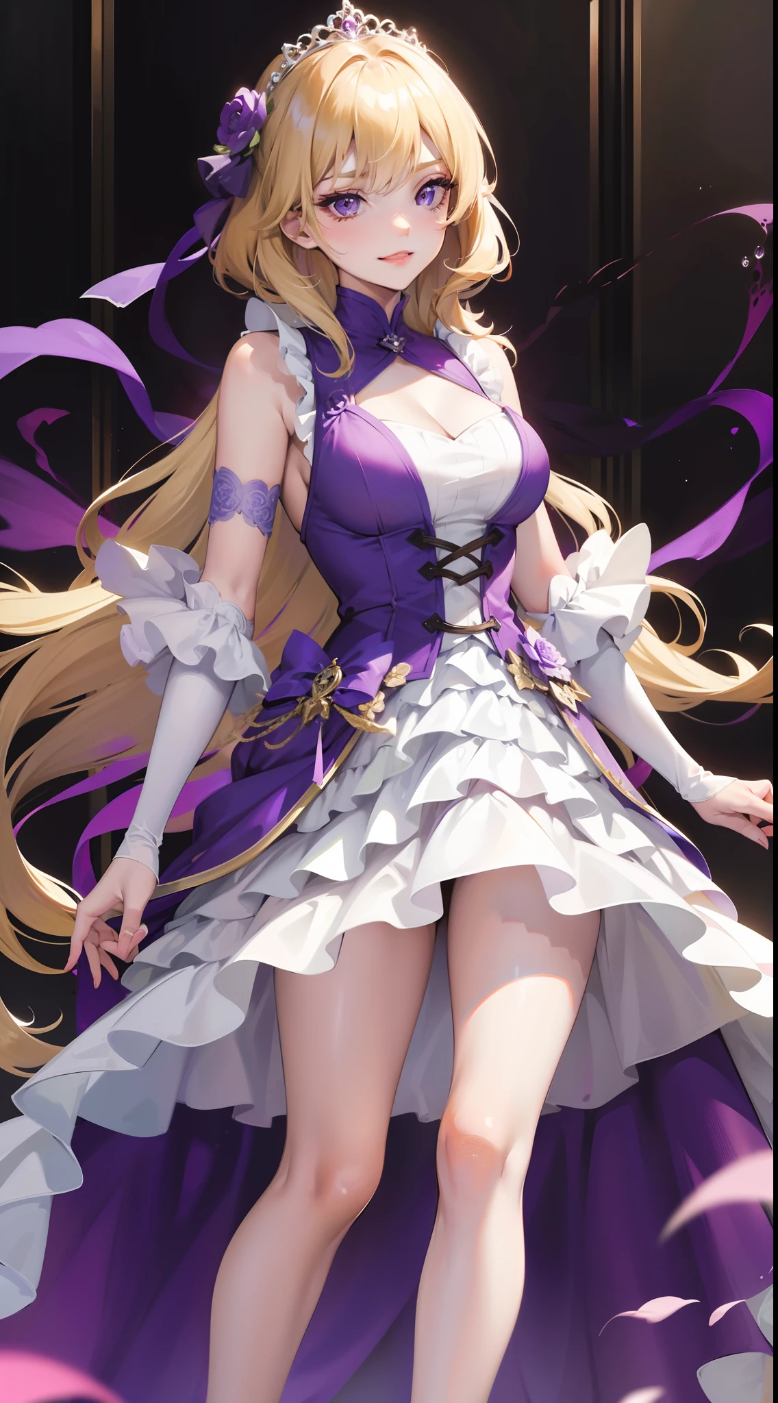 (Realistic painting style:1.1), masterpiece, best quality, absurdres, fischl (dunkelnacht sakrament) (genshin impact), green eyes, (white pupils:1.2), fischl (genshin impact), medium_breasts, asymmetrical sleeves, detached collar, detached sleeves, 1girl, solo, two side up, blonde hair, eyepatch, long hair, thighhighs, gloves, looking at viewer, open mouth, garter straps, bow, smile, breasts, single thighhigh, hair over one eye, single glove, bowtie, bangs, black background, dress, black thighhighs, bare shoulders, fishnets, ribbon, hair ribbon, small breasts, purple bow, black gloves, purple bowtie, bodystocking, single leg pantyhose, cowboy shot, 8k, UHD, HDR, (Masterpiece:1. 5), (best quality:1. 5)