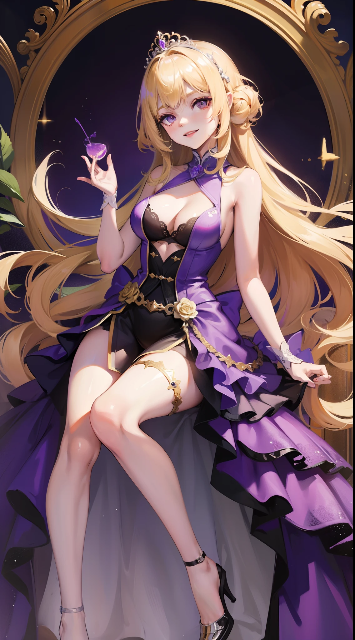 young girl, longue blonde hair, violet eyes, princess dress, Sleeveless, open breasts, smirk, exposed legs, Masterpiece, hiquality, 4k, HD, Good detail