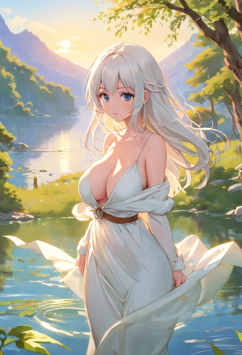 1 girl, ((wearing a white silk plunging open shirt: 1.5)), (((Huge breasts :1.3, and droopy breasts:1.5))) serene expression, mesmerizing eyes, straight long hair, flowing dress, poised posture, subtle blush, crystal pendant
BREAK
golden hour, (rim lighting):1.2, warm tones, sun flare, soft shadows, vibrant colors, painterly effect, dreamy atmosphere
BREAK
scenic lake, distant mountains, willow tree, calm water, reflection, sunlit clouds, peaceful ambiance, idyllic sunset, ultra detailed, official art, unity 8k wallpaper
, zentangle, mandala