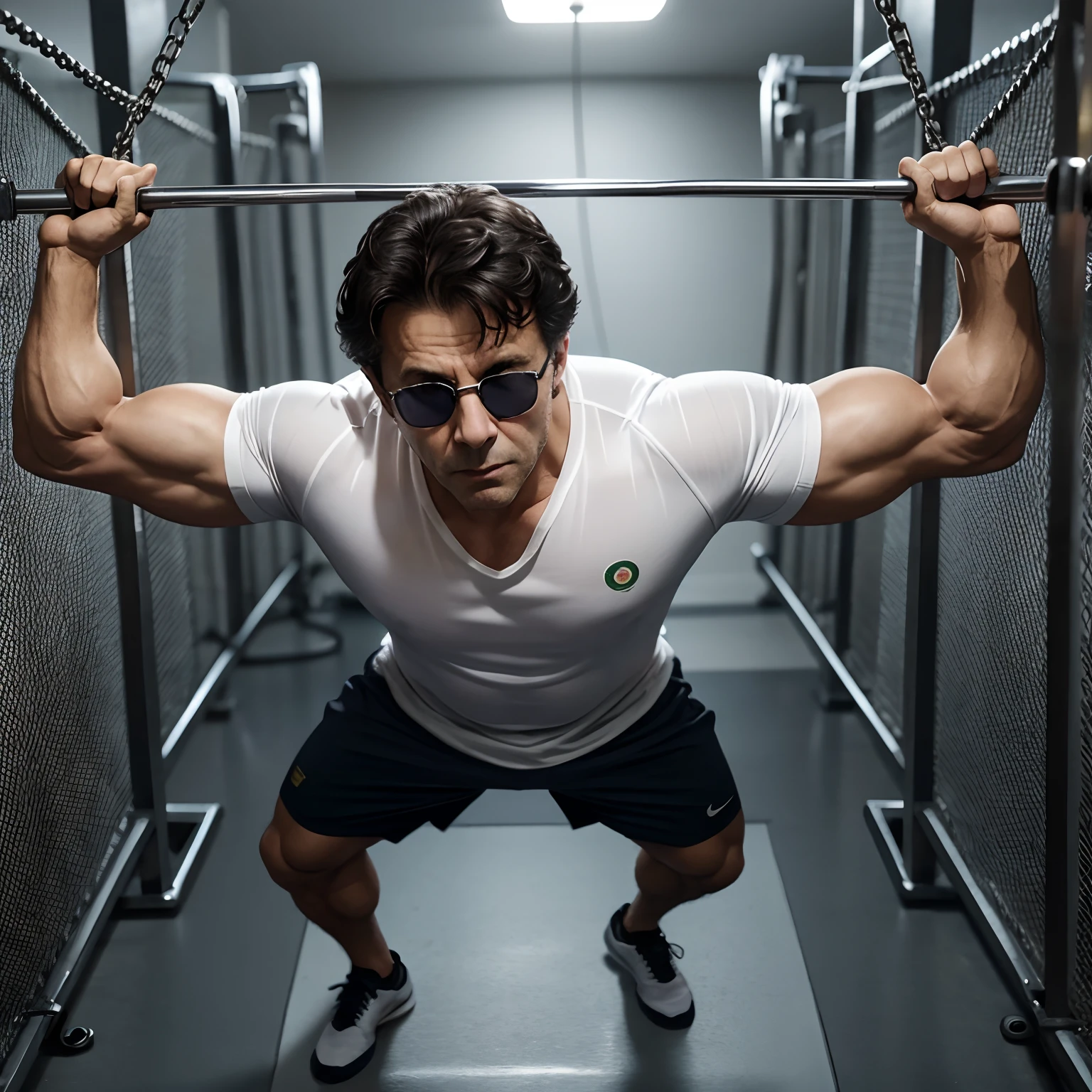 ImranKhan exercising in jail, muscle, single man,black glasses,don style,