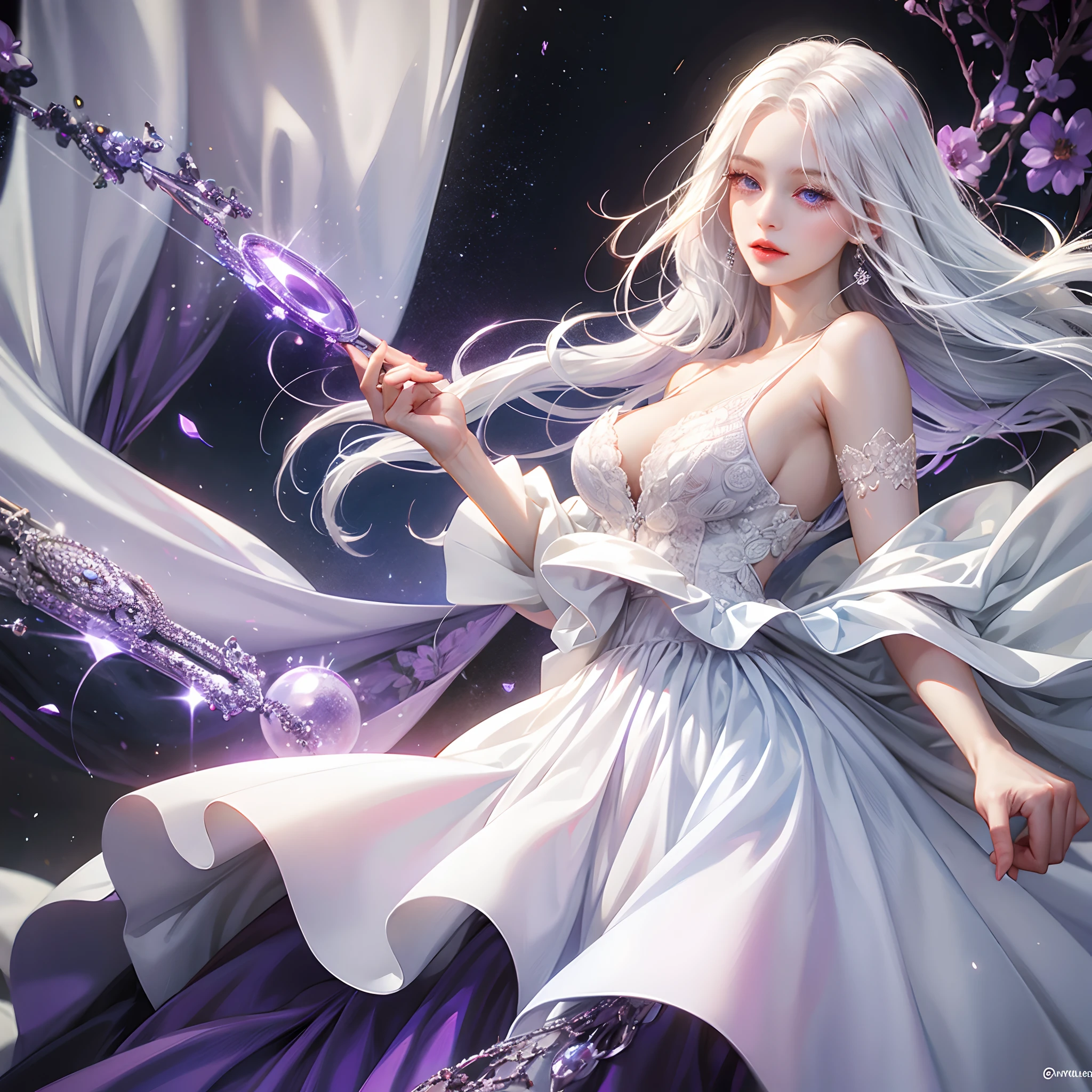 a women, white hair, purple eyes, white dress