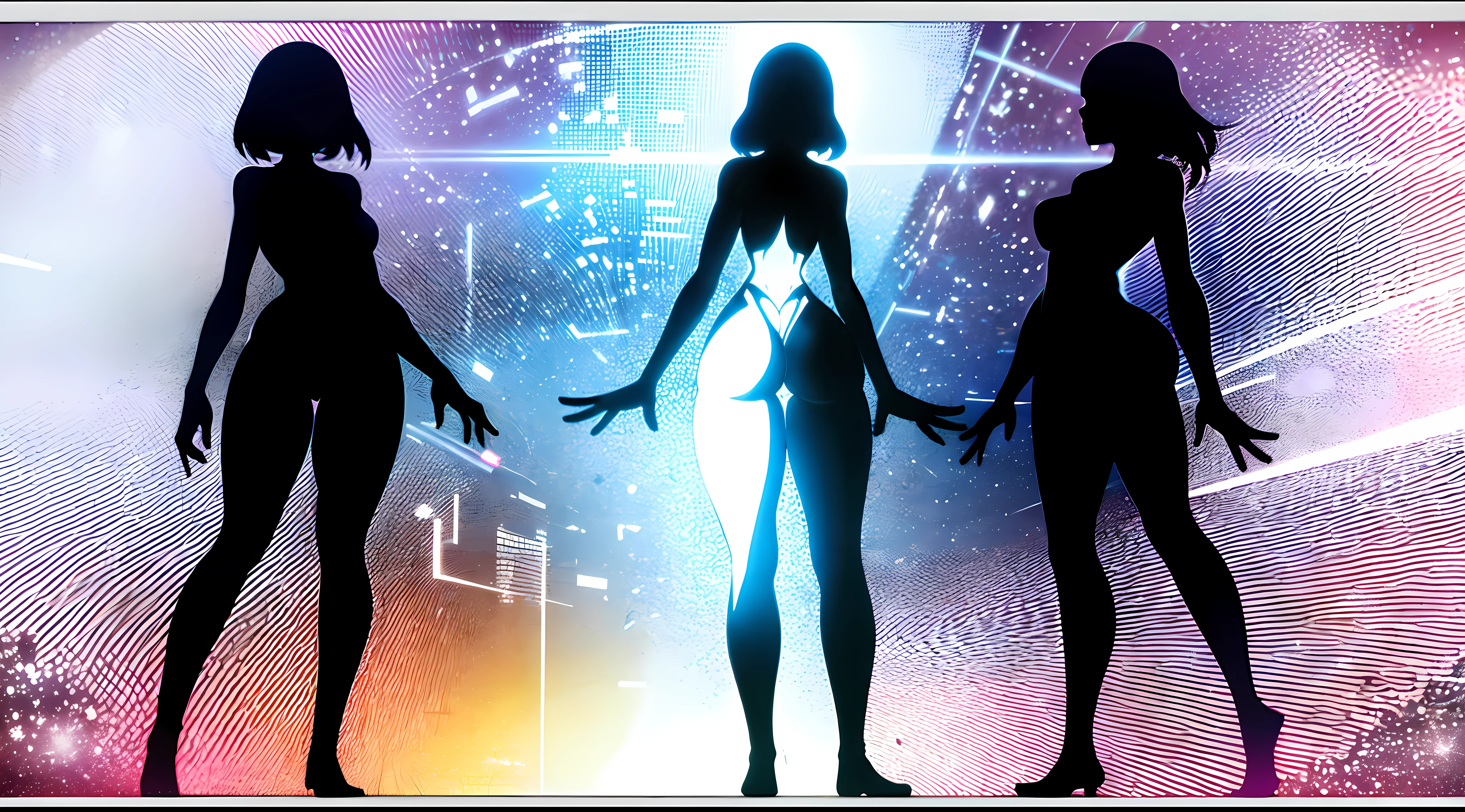 holographic woman, (silhouette:1.4), holography, in the style of interference patterns, full body, hourglass figure, plumb ass, thick thighs, thin waist, free-flowing lines, in the style of neon-infused digitalism, electronic woman, in the style of neon-infused digitalism, psychedelic figuration, simple background, microfilm
