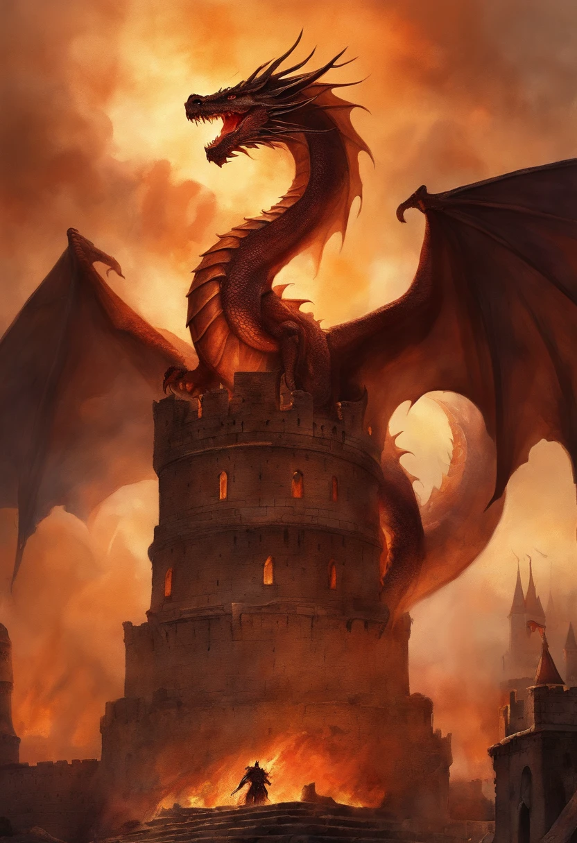Watercolor painting of a dragon coiled on a huge castle tower, there is fire everywhere, the walls are in ruins, it is night, on the ground, there are hundreds of armors piled up with burnt flags, the dragon has done impressive damage despite the giant size of the building