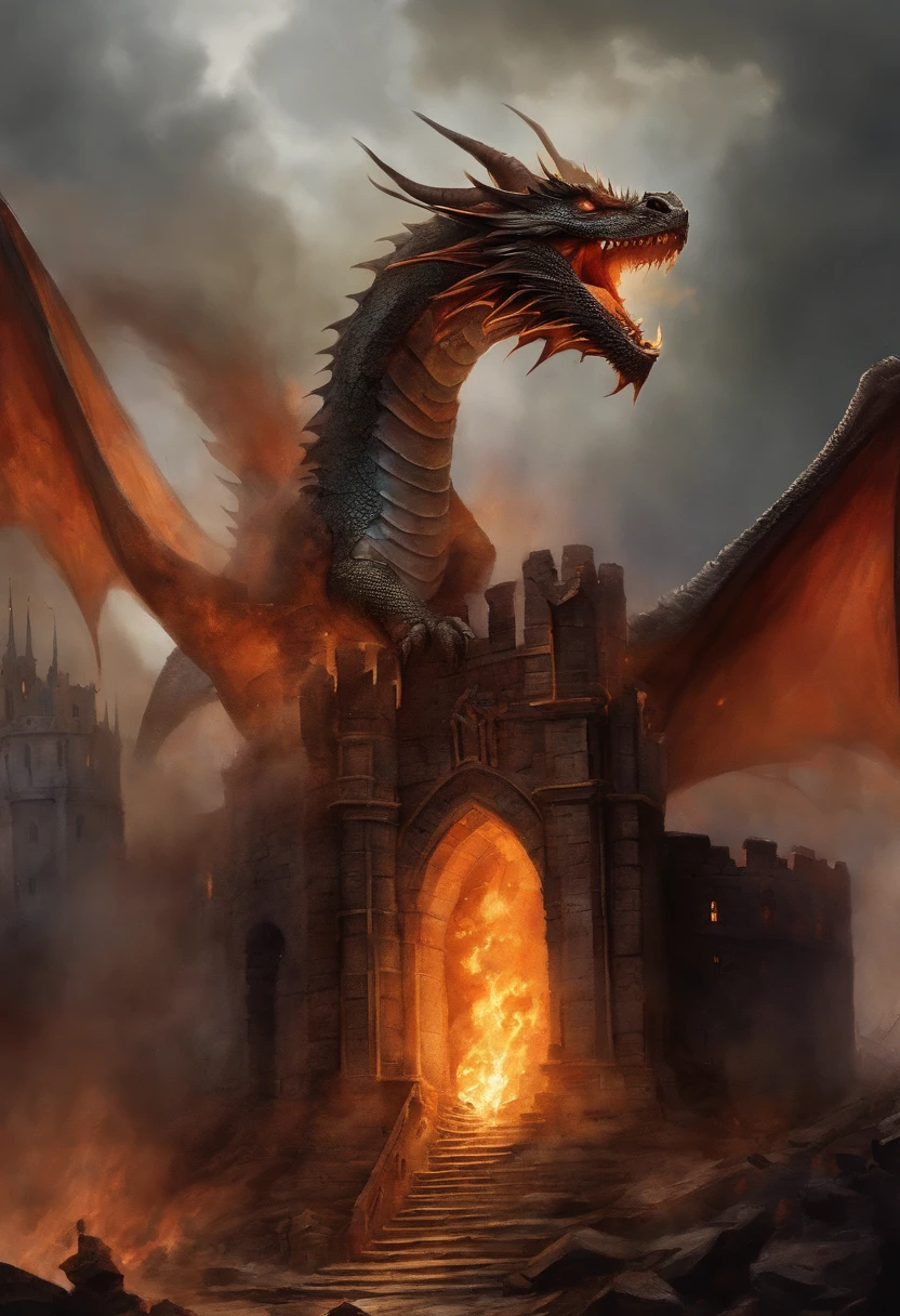 Watercolor painting of a dragon coiled on a huge castle tower, there is fire everywhere, the walls are in ruins, it is night, on the ground, there are hundreds of armors piled up with burnt flags, the dragon has done impressive damage despite the giant size of the building