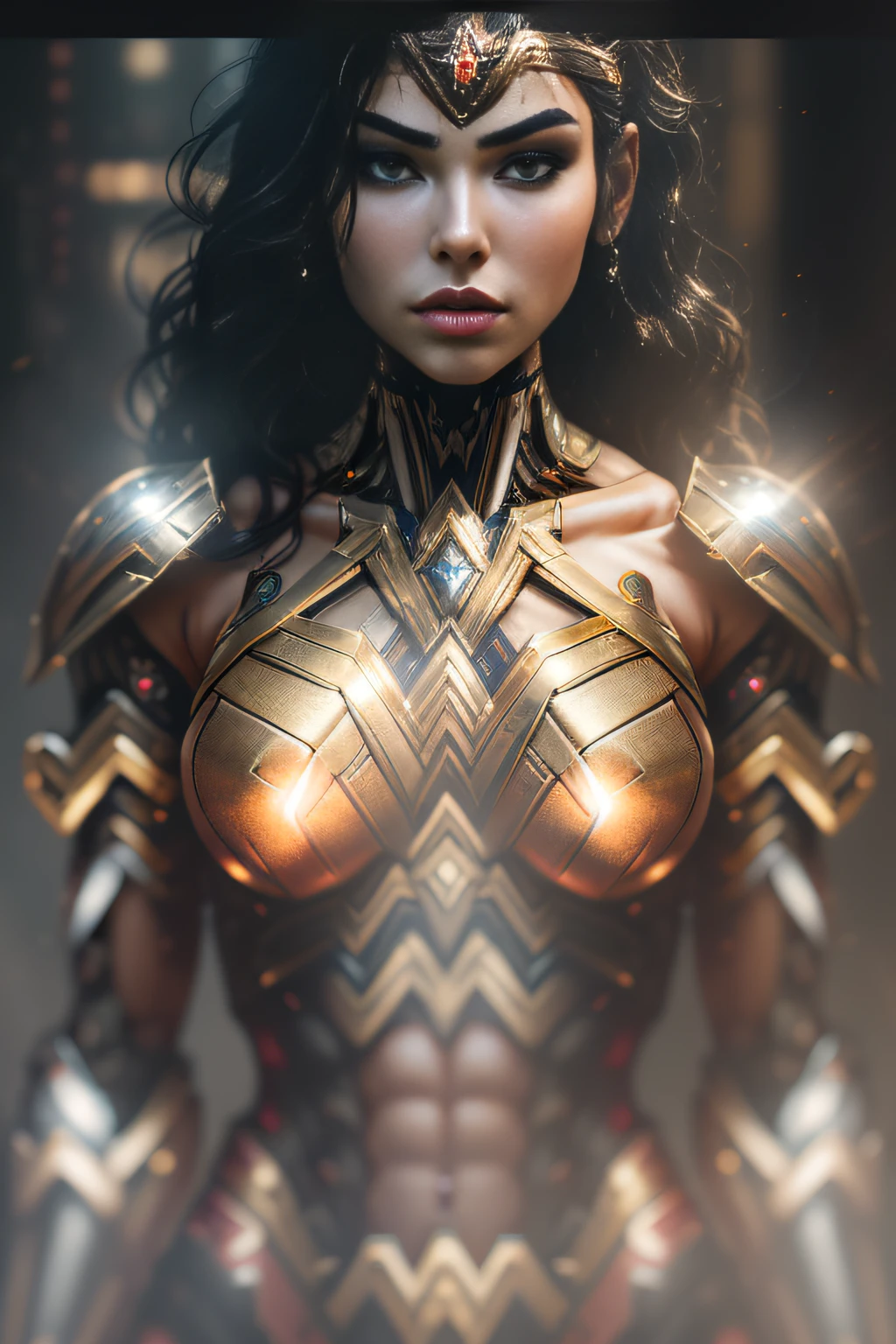 Gold Wonder woman from DC photography, biomechanical, complex robot, full growth, hyper-realistic, insane small details, extremely clean lines, cyberpunk aesthetic, a masterpiece featured on Zbrush Central