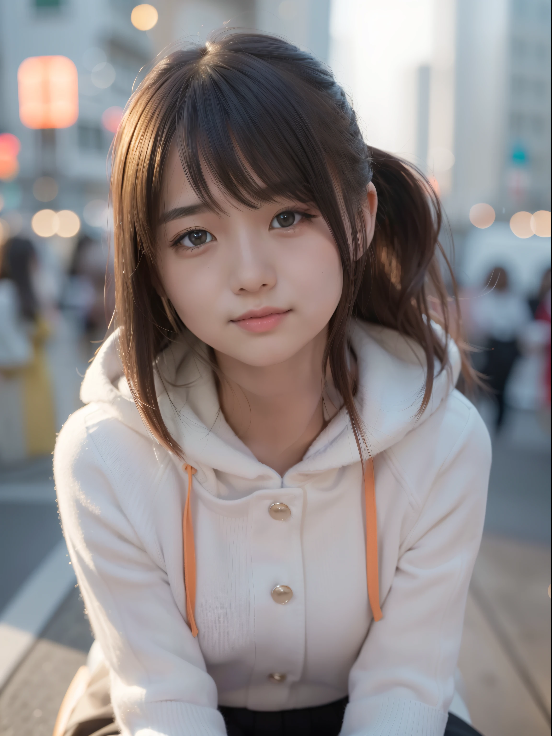 top-quality、​masterpiece、1 girl in、Blonde hairer、Black eye、a miniskirt、on tokyo street、A city scape、The upper part of the body、a closeup、A smile、、(8K、Raw photography、top-quality、​masterpiece:1.2)、(realisitic、photoRealstic:1.37)、Highly detailed eyelash drawing、(((Top image quality))),small tit、Fine skin, (Beautiful hair), top-quality、hight resolution、Happy smile、Happy smile、Standing、a miniskirt、Autumn outfit、nightcity、Autumn outfit、Best Quality,masutepiece,hight resolution,Beautiful eyes,Detailed background,[Backlighting],(Face lighting),[Close View:0.8],(8K、Raw photography、top-quality、​masterpiece:1.2)、(realisitic、Photorealsitic:1.37)、ultra-detailliert、profetional lighting、Sony A7R4、Zessie 50mm f1.8、Rembrandt lighting（Rembrandt lighting）、Autumn outfit、Colorful jumper、with spreading legs、pony tail hairstyle、Winter clothes、snowflakes falling、Please wear a hooded coat、Orange sunset、burst into laughter、Office Lady Uniform、burst into laughter、sitting in the chair