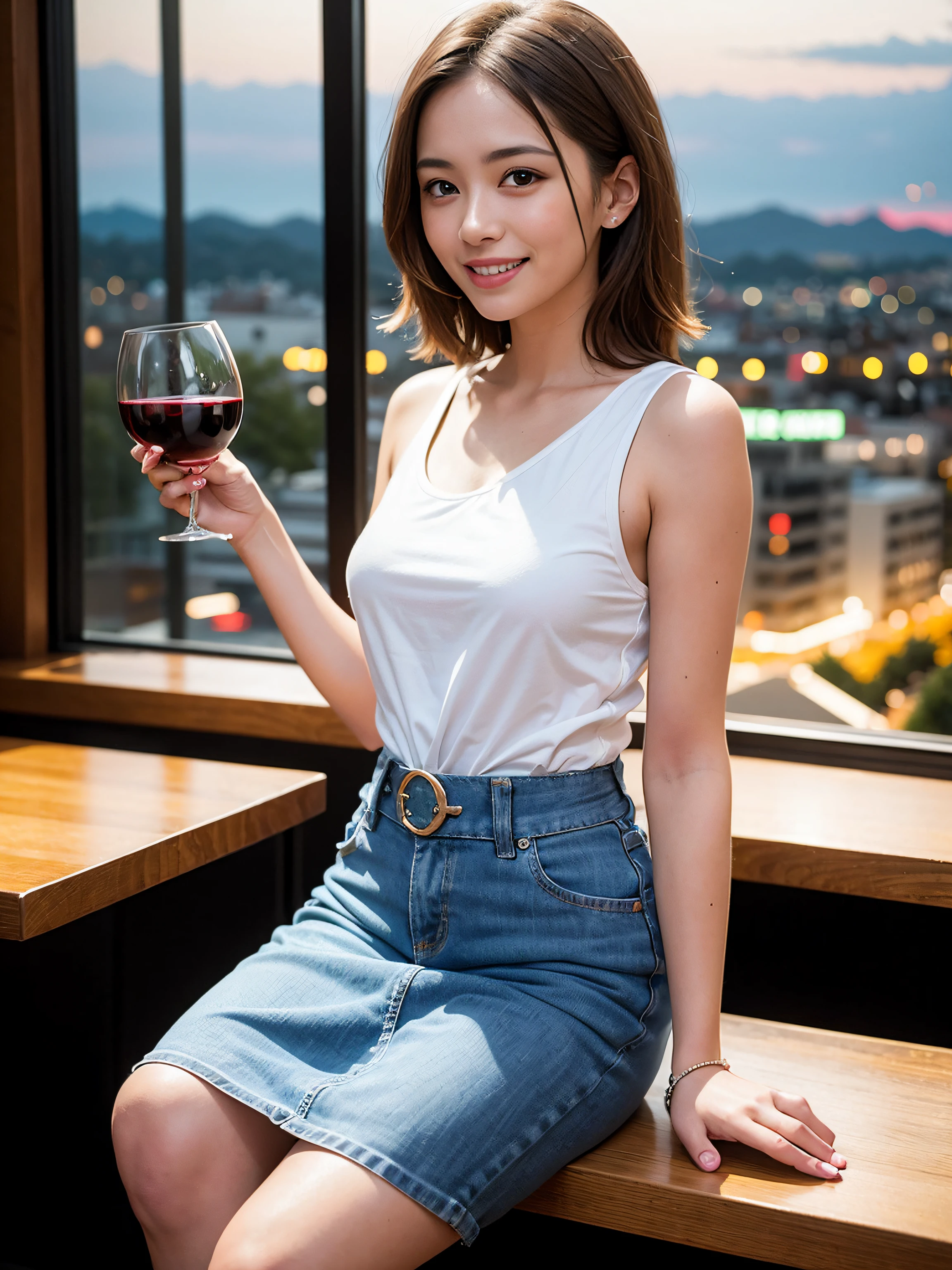 (64K, UHD, top quality, masterpiece: 1.2), (realistic, photorealistic: 1.37), super detailed, pretty woman 1, (slim face), (slim body), (brown hair), (short cut), cheeks slightly blushing, (40 years old), 38 years old, solo, beautiful detailed urban night view outside the window, restaurant, wine glass sitting, at night, in a prominent place (from the waist up) NovaFrogStyle, Actress, Model, Waist Up, White Wine, Slim, Wine Glass, Super Clean Night View, Wine Glass Put in the Middle, Happy Smile, (Smile: 1.15), Beautiful Fine Eyes, Upper Body, Bust Japan Up, Night, Short, Short, Actress, Model, Waist Up, White Wine, Slim, Wine Glass, Super Clean Night View, Wine Glass Put in the Middle, Happy Smile,