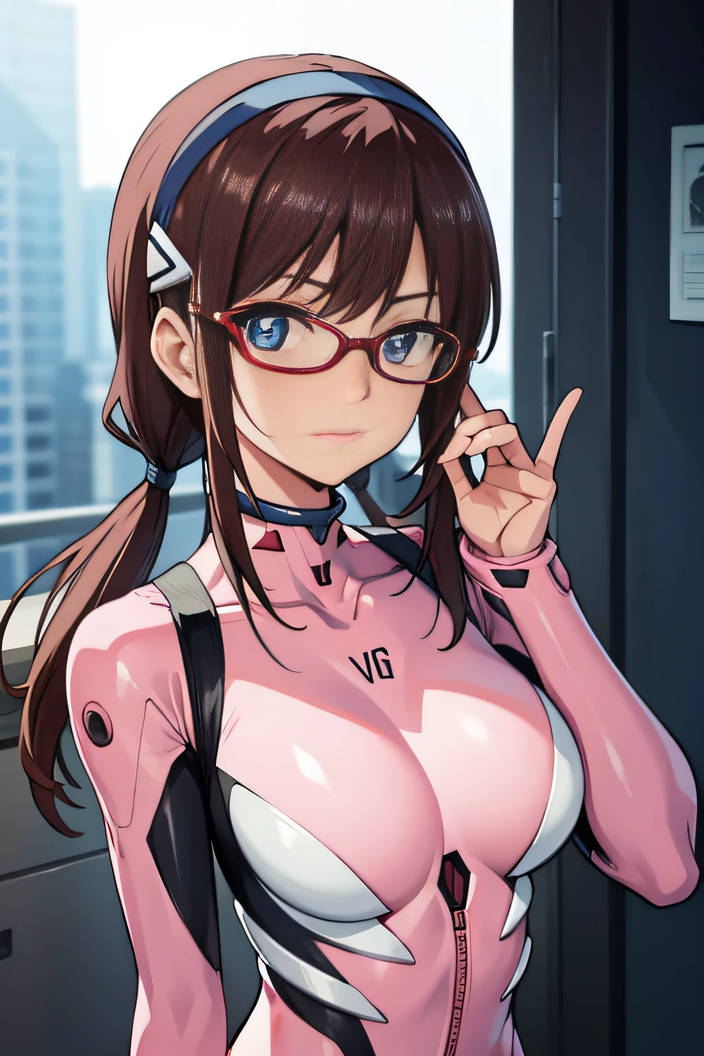 marimakinami, mari makinami, blue eyes, brown hair, glasses, headband, twintails,
BREAK bodysuit, pink bodysuit, plugsuit,
BREAK outdoors, city,
BREAK looking at viewer, 
BREAK (masterpiece:1.2), best quality, high resolution, unity 8k wallpaper, (illustration:0.8), (beautiful detailed eyes:1.6), extremely detailed face, perfect lighting, extremely detailed CG, (perfect hands, perfect anatomy),