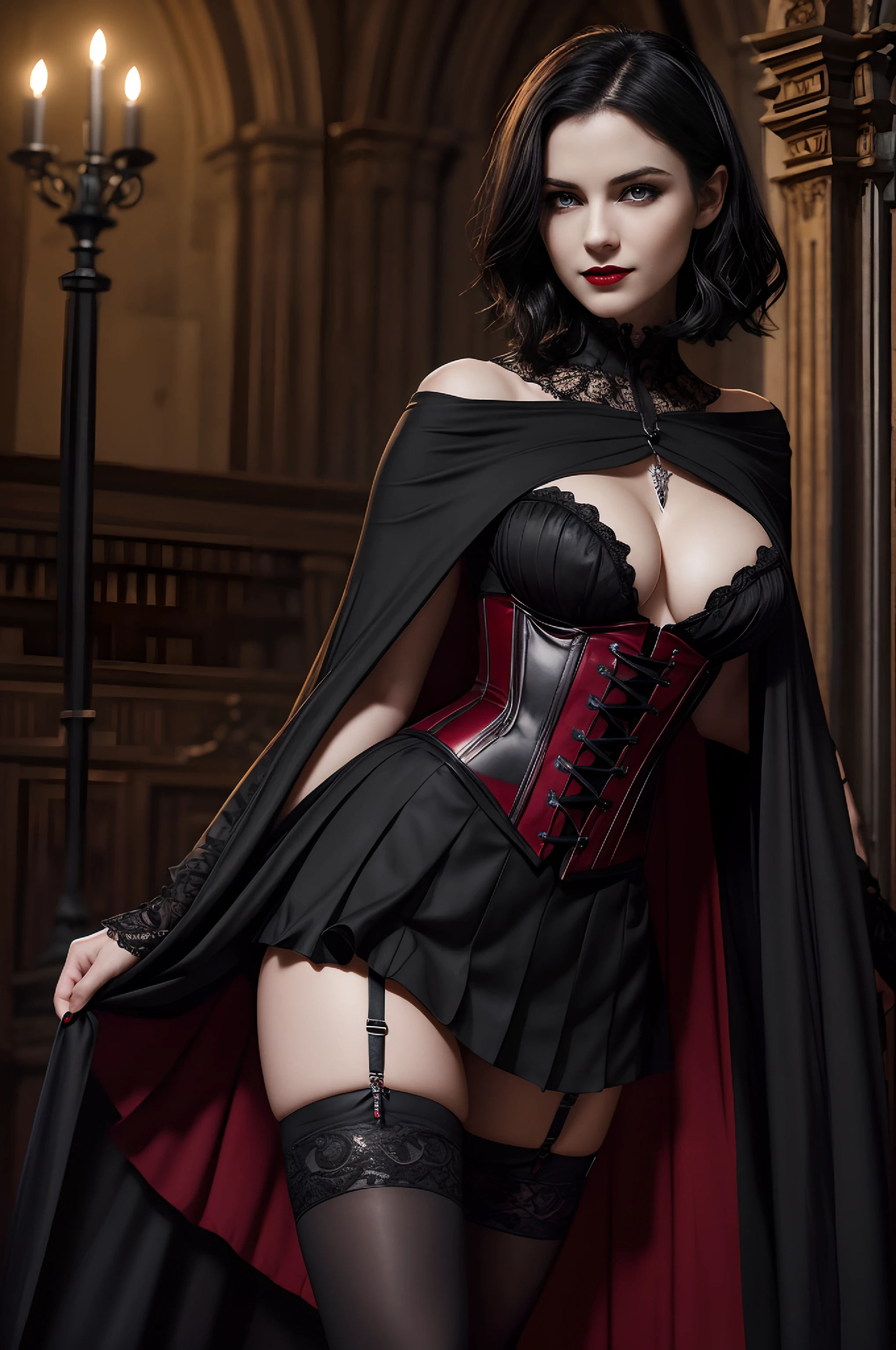 full body picture, 25 year old girl, vampire, black hair, short hair, disheveled hair, pale skin, blue eyes, dark red lips, medium breasts, mischievous smile, vampire fangs, black corset with intricate red details, flowing black cape, black pleated skirt, black stockings with one stripe, black and red high heels, black choker, silver cross pendant on plunging necklace, moonlight streaming, light rays, inside of an old church, candlelit, (best quality, 4k, 8k, highres, masterpiece:1.2), ultra-detailed, (realistic, photorealistic, photo-realistic:1.37), HDR, UHD, studio lighting, light source from behind, sharp focus, extreme detail description, professional, vivid colors, dark and mysterious atmosphere, seductive stance, confident stance, legs spread, hypnotic gaze