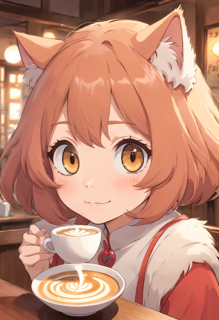 Fluffy fur.1 cat、I'm drinking coffee at a cat café,Female cat,(((There are eyelashes in the eyes))),Lipstick