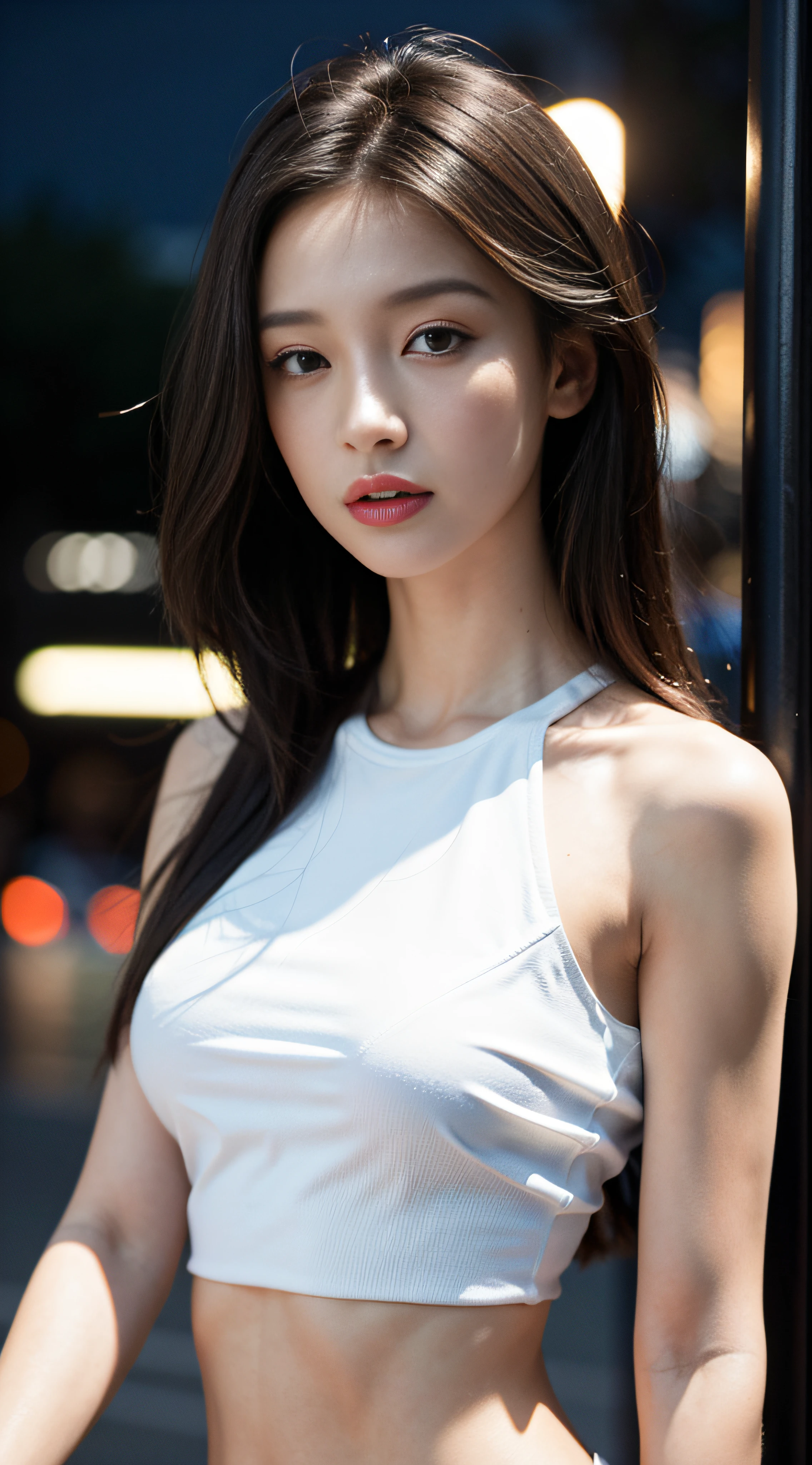 ((Realistic lighting, Best quality, 8K, Masterpiece: 1.3)), Clear focus: 1.2, 1girl, Perfect Figure: 1.4, Slim Abs: 1.1, ((Dark brown hair)), (White crop top: 1.4), (Outdoor, Night: 1.1), City streets, Super fine face, Fine eyes, Double eyelids,