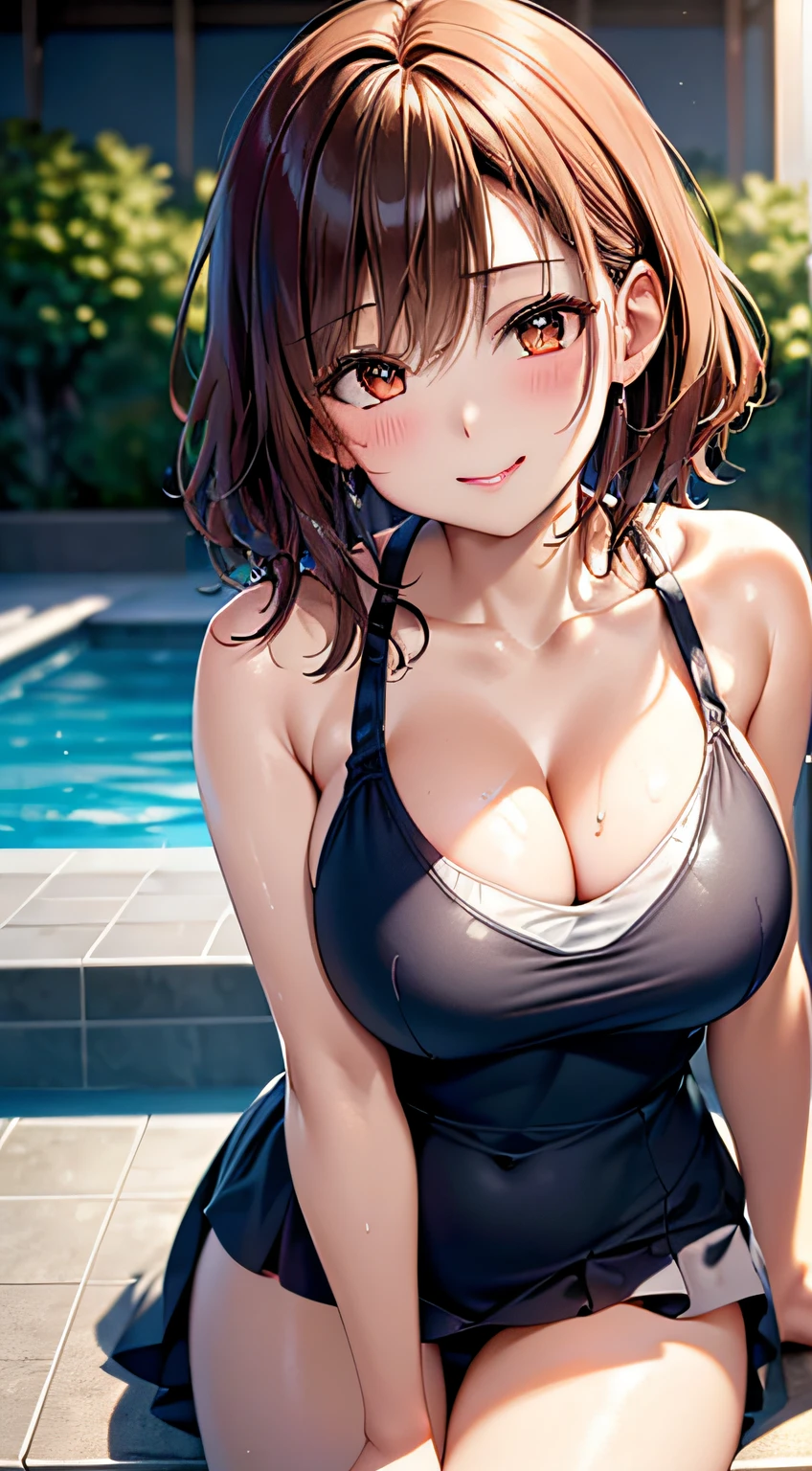 in poolside,Wet Dress Competition Swimwear,Competition Swimsuit Slip,School swim wear,wetted skin,Wet face,(Glossy light brown and orange two-tone wavy short-cut hair),(wet and disheveled hair),Cute round face red lipstick,A cute smile that makes the viewer happy,large full breasts,Leaning forward from the pool,Bold sexy poses,Digital Illustration,(natural soft light),(Sunlight),(Professional Lighting),(Photorealsitic:1.3),(Raw photo.),(masutepiece,top-quality,Ultra-high resolution output image,) (The 8k quality,),(Image Mode Ultra HD,)