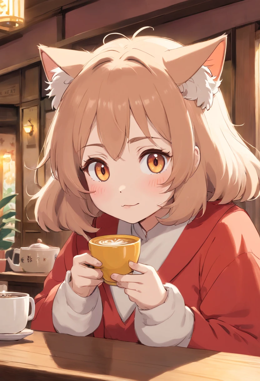 Fluffy fur.1 cat、I'm drinking coffee at a cat café,Female cat,(((There are eyelashes in the eyes))),Lipstick