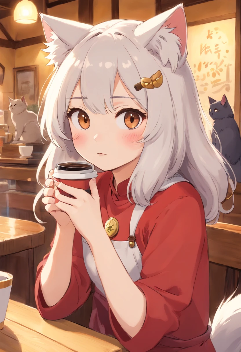 Fluffy fur.1 cat、I'm drinking coffee at a cat café,Female cat,(((There are eyelashes in the eyes))),Lipstick