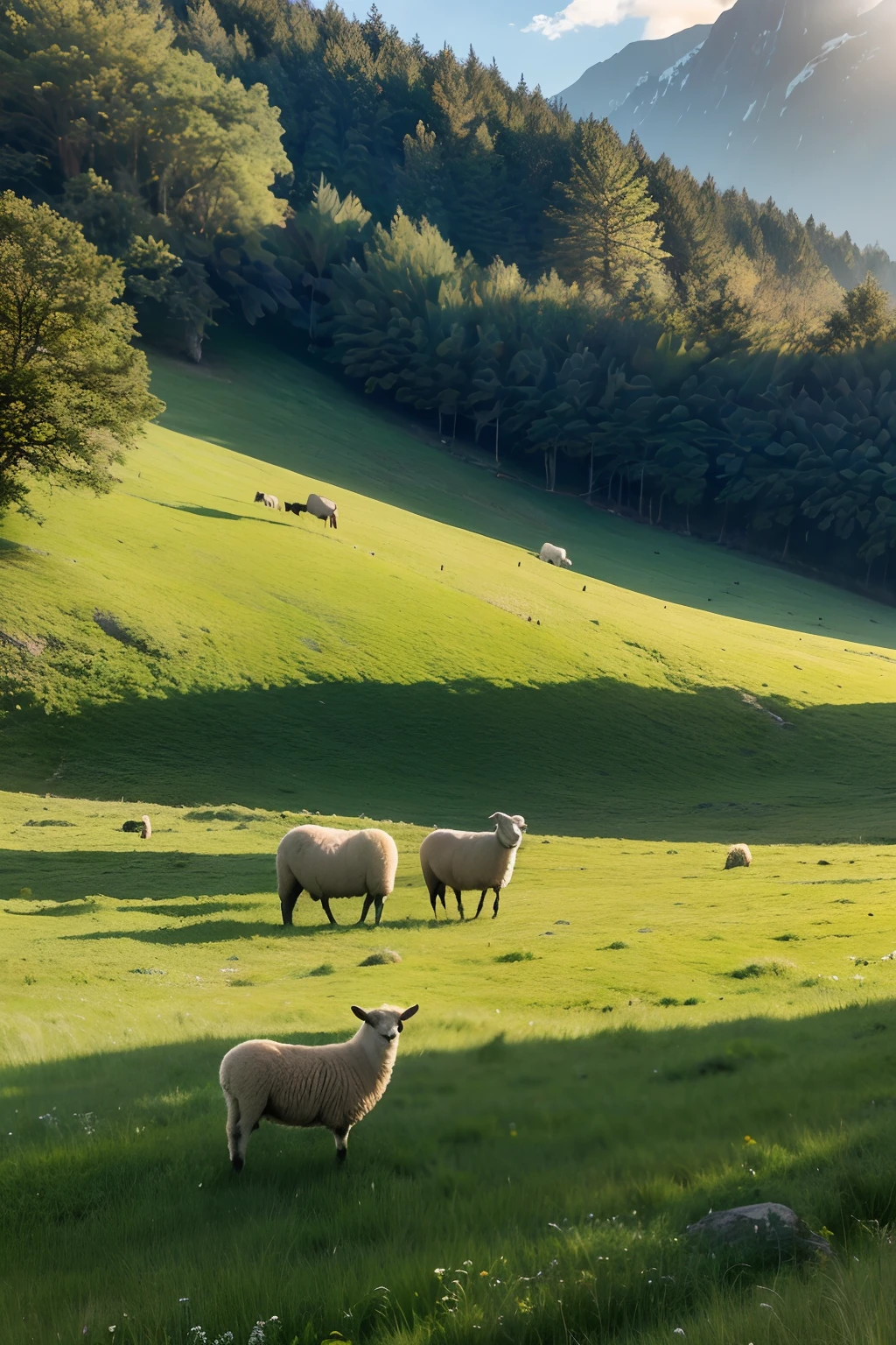 Please help me draw a real grassland pasture,There are sheep,Natural grassland,4K,Ultra photo realsisim,Poster style,Live streaming background