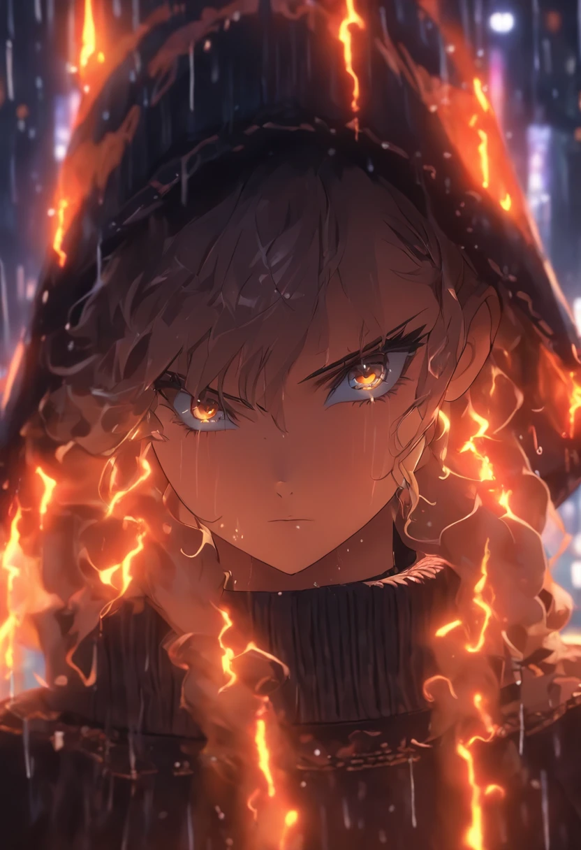 (((Rain))) best quality, ultra-high resolution, 4K detailed CG, masterpiece, house, burning, fire, Celtic mythology, ((Rain)), Celtic image, aesthetic, screen-centric 1girl, averi, black turtleneck sweater, orange fur, flat chest, white fur, serious, averi is going to say a slur