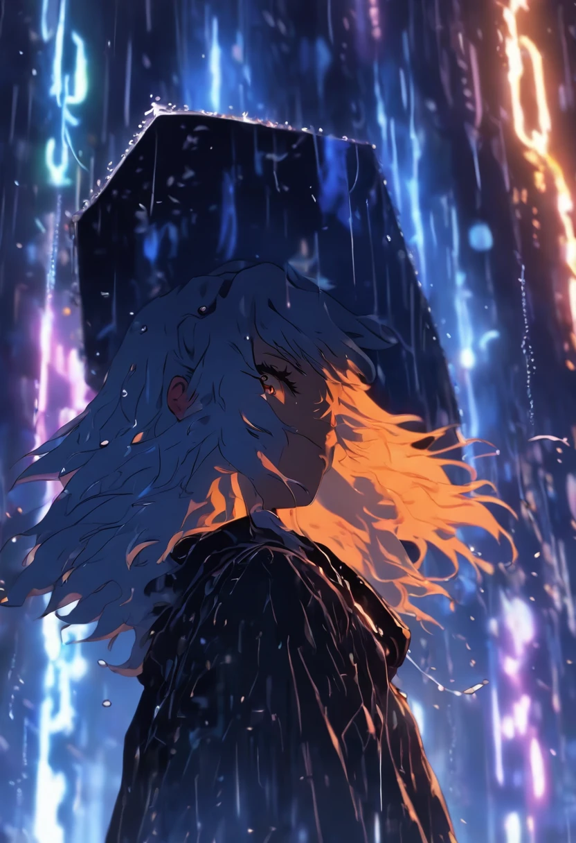(((Rain))) best quality, ultra-high resolution, 4K detailed CG, masterpiece, house, burning, fire, Celtic mythology, ((Rain)), Celtic image, aesthetic, screen-centric 1girl, averi, black turtleneck sweater, orange fur, flat chest, white fur, serious, averi is going to say a slur