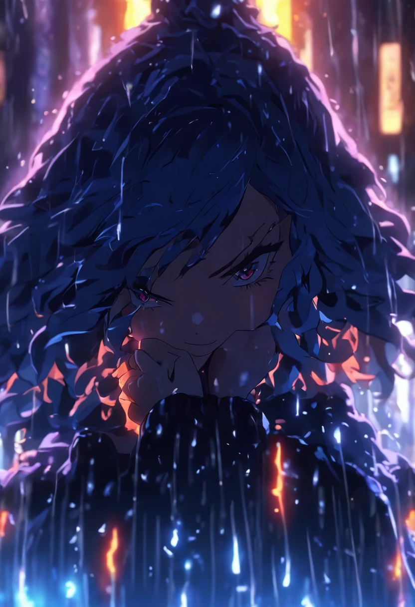 (((Rain))) best quality, ultra-high resolution, 4K detailed CG, masterpiece, house, burning, fire, Celtic mythology, ((Rain)), Celtic image, aesthetic, screen-centric 1girl, averi, black turtleneck sweater, orange fur, flat chest, white fur, serious, averi is going to say a slur