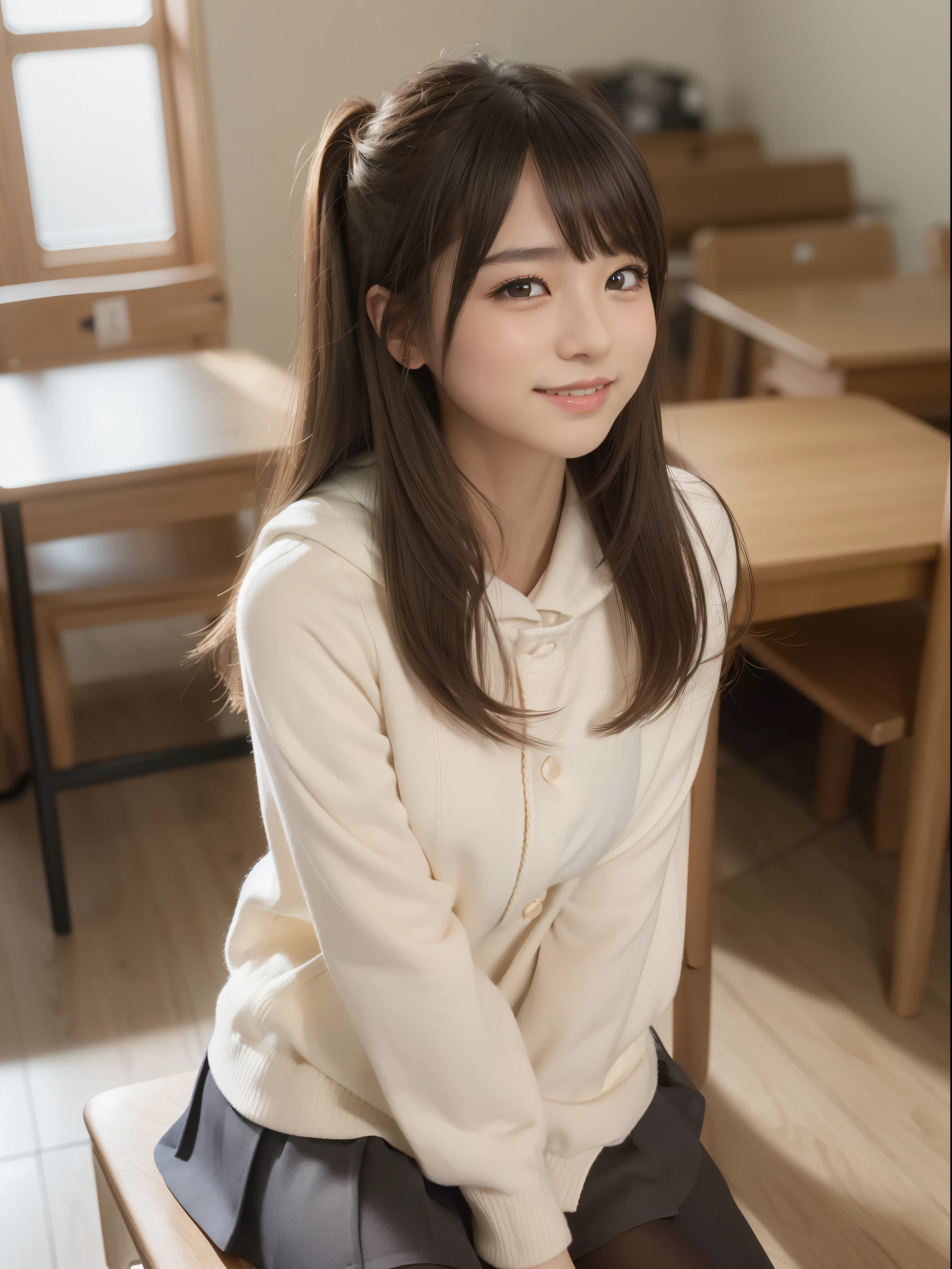 top-quality、​masterpiece、1 girl in、Blonde hairer、Black eye、a miniskirt、‎Classroom、The upper part of the body、sideways Facing、profile、a closeup、A smile、、(8K、Raw photography、top-quality、​masterpiece:1.2)、(realisitic、photoRealstic:1.37)、Highly detailed eyelash drawing、(((Top image quality))),small tit、Fine skin, (Beautiful hair), top-quality、hight resolution、Happy smile、Happy smile、Standing、a miniskirt、Autumn outfit、nightcity、Autumn outfit、Best Quality,masutepiece,hight resolution,Beautiful eyes,Detailed background,[Backlighting],(Face lighting),[Close View:0.8],(8K、Raw photography、top-quality、​masterpiece:1.2)、(realisitic、Photorealsitic:1.37)、ultra-detailliert、profetional lighting、Sony A7R4、Zessie 50mm f1.8、Rembrandt lighting（Rembrandt lighting）、Autumn outfit、Colorful jumper、with spreading legs、pony tail hairstyle、Winter clothes、snowflakes falling、Please wear a hooded coat、Orange sunset、burst into laughter、School Uniforms、burst into laughter、sitting in the chair、Happy smile、profile