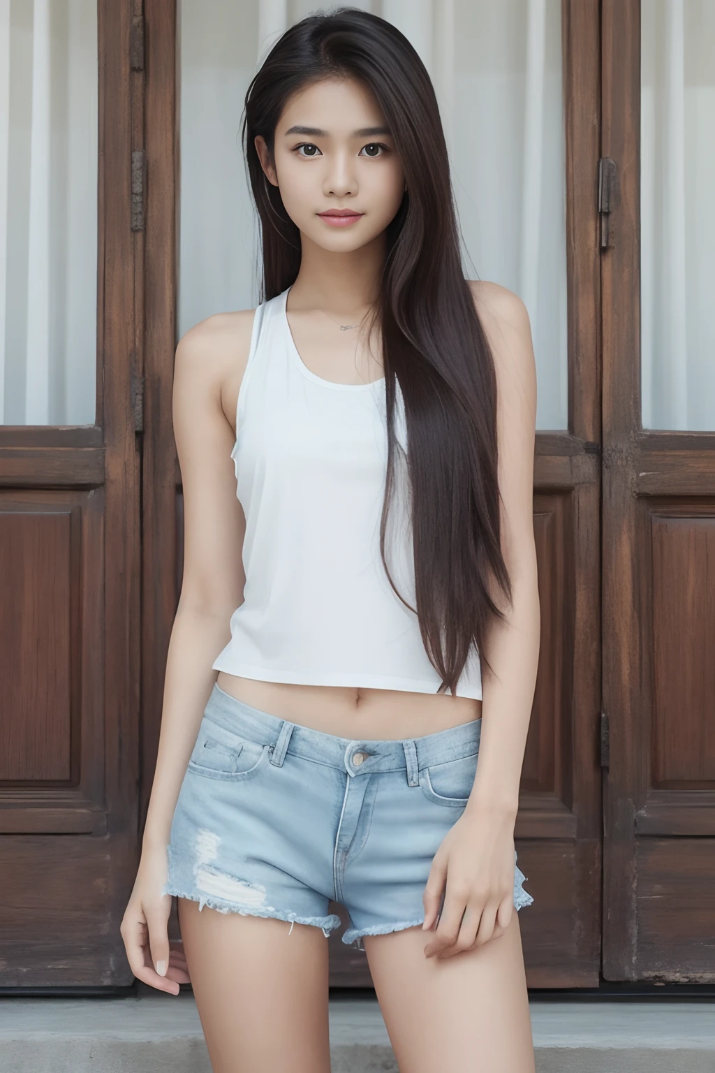 Realistic visuals. Cute thai with white long hair. Tank Top. short pants