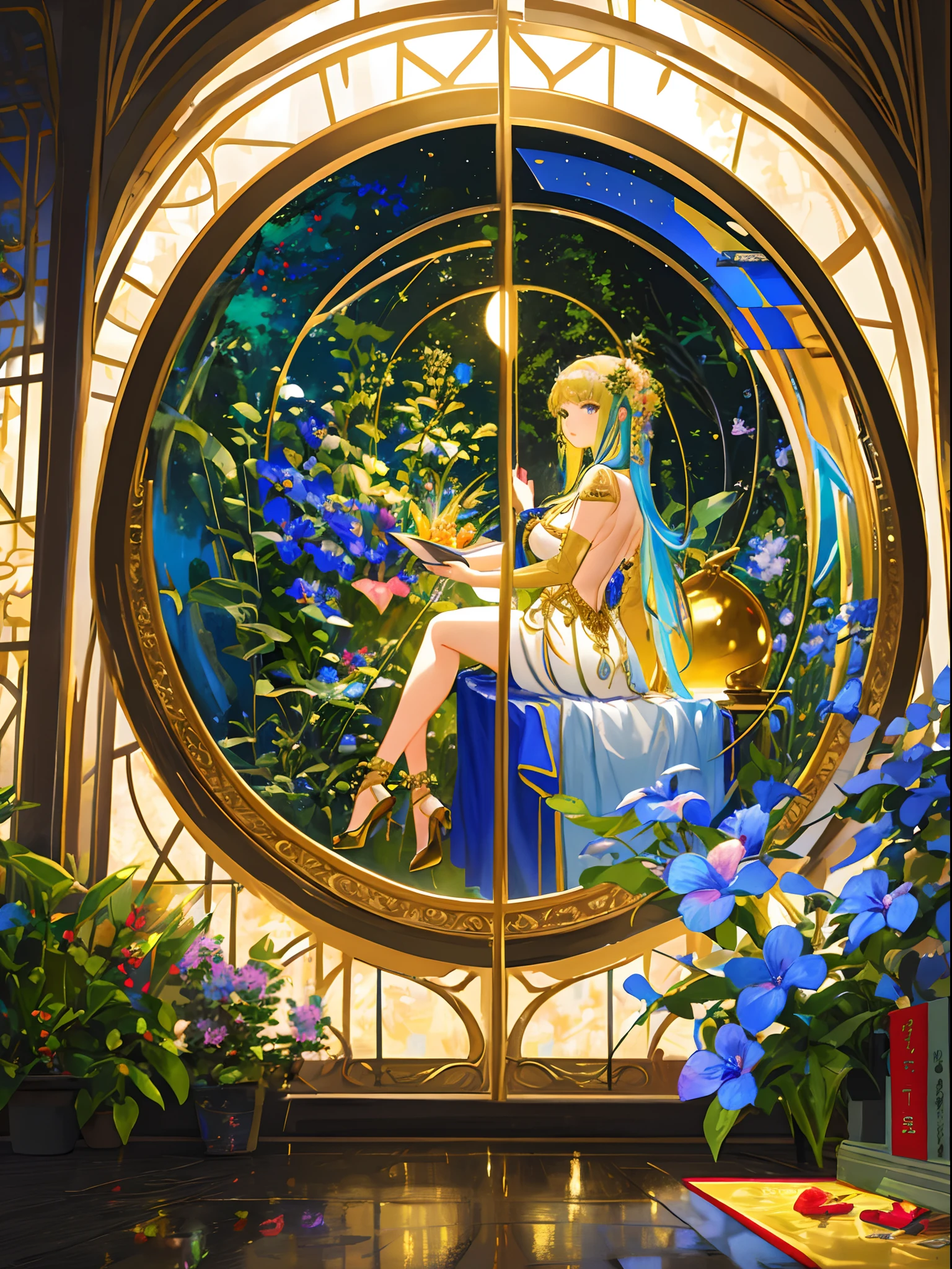 (top-quality、masuter piece)、(Ultra-detailed colorful)、Girl looking back in the center、 Space garden of exotic alien flora and fauna 、perfect-composition、The best expositions、(the golden ratio:1.2) 、HDR、Dramatic、cinematlic lighting、Trending in art stations、CG Trend Society、Professional oil painting、Immeasurable detail、