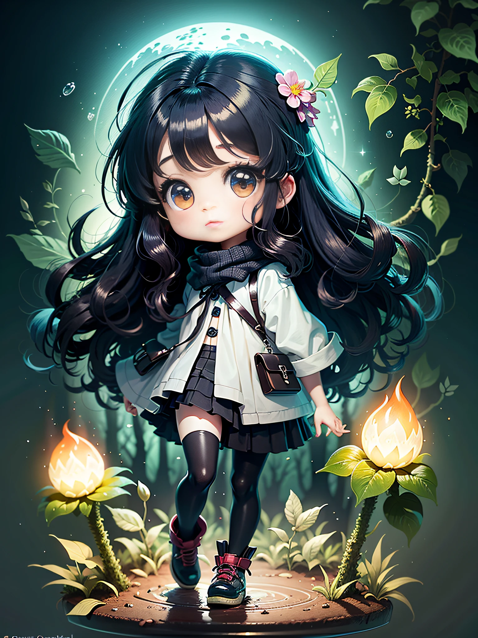 A cartoon little girl with long black hair,  Anime visuals of cute little girls, Cute anime girl, Cute anime, lovely art style, offcial art, Anime Lori, animemanga girl, cutecore, Cute anime style, Official artwork, Loli, Lovely forest setting，Photorealistic effects，Cinematic effects，8K high-definition