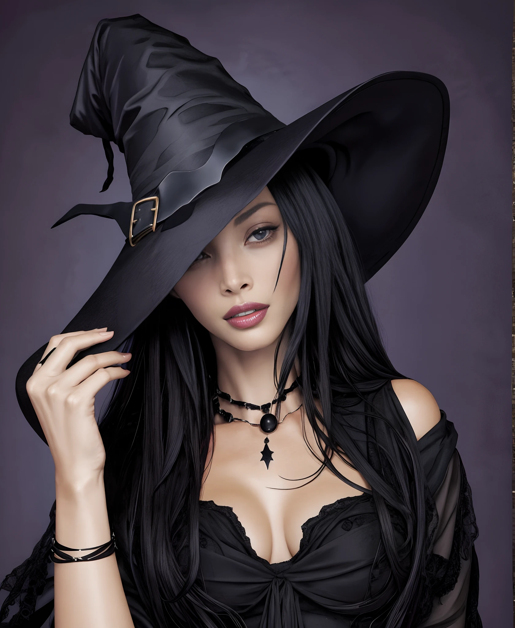 CTurlington as witch with black hair and a black hat on her head, beautiful witch spooky female, witch,